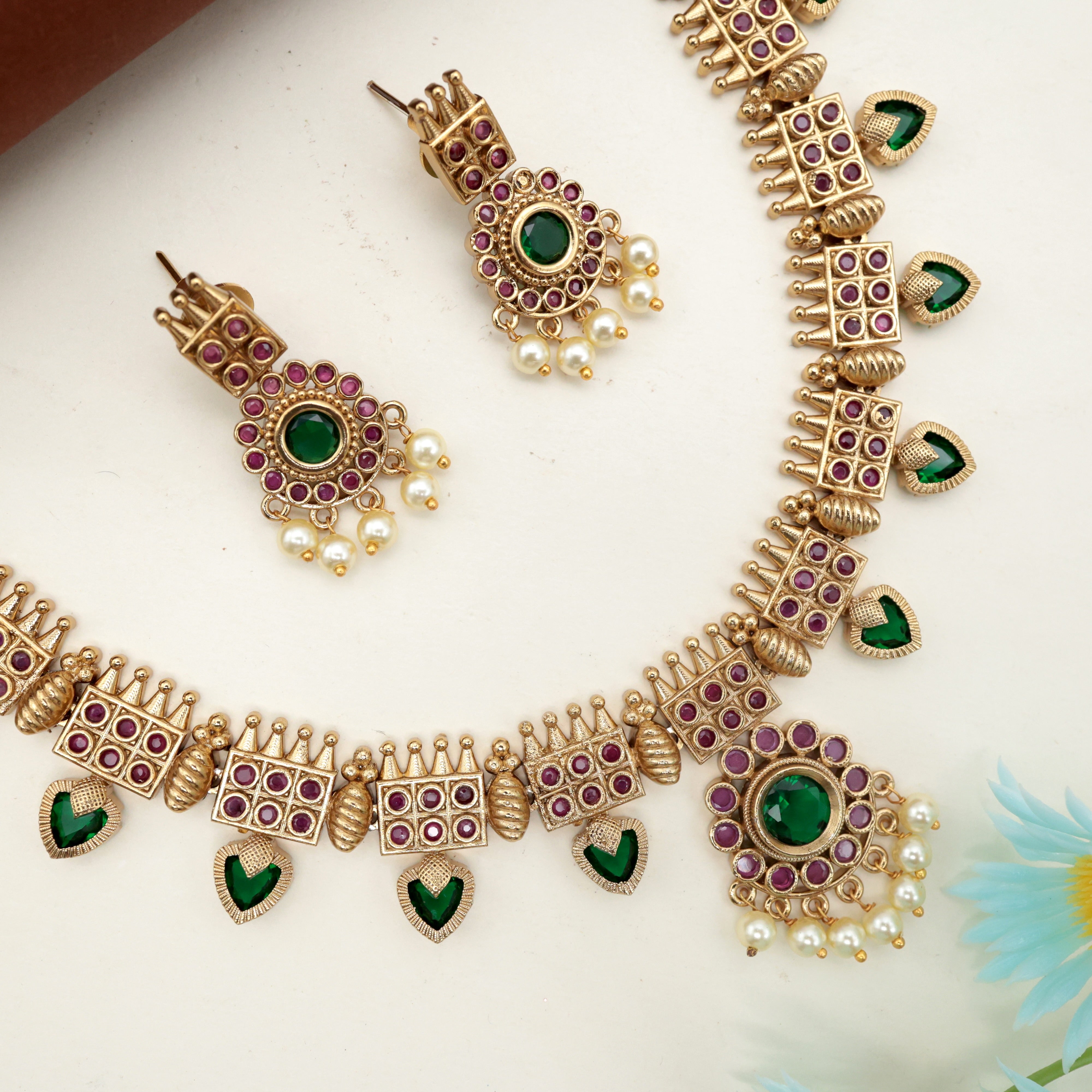 Antique Gold AD Palakka Bridal Necklace Set