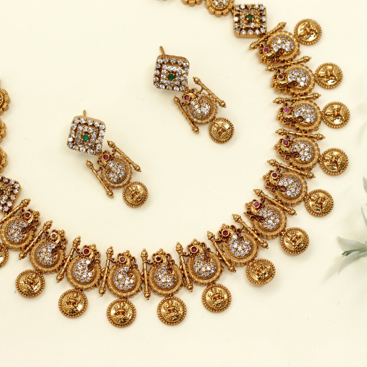 Antique Gold AD Peacock Coin Lakshmi Bridal Necklace Set