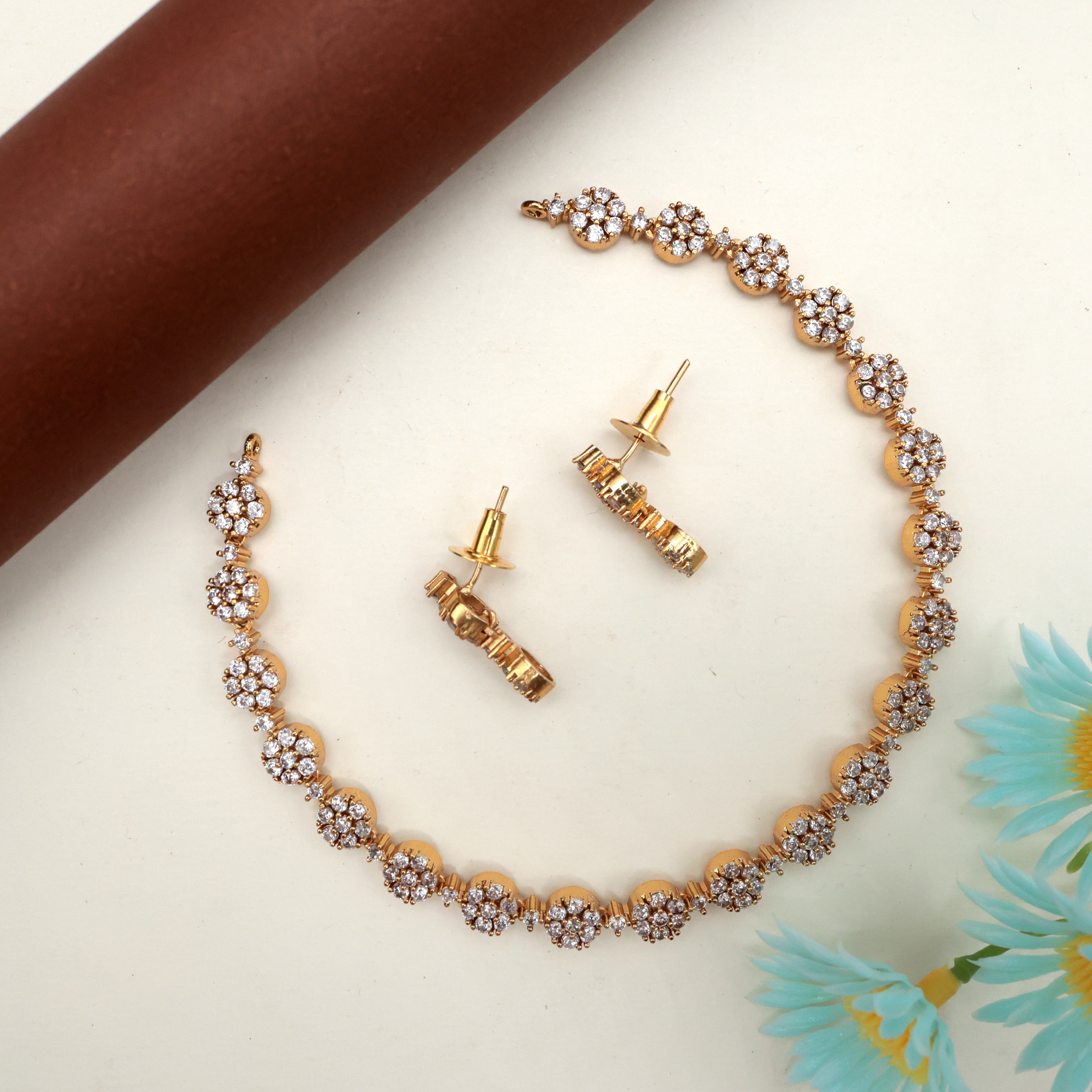 Diamond Look AD 7 Stone Flower Necklace Set