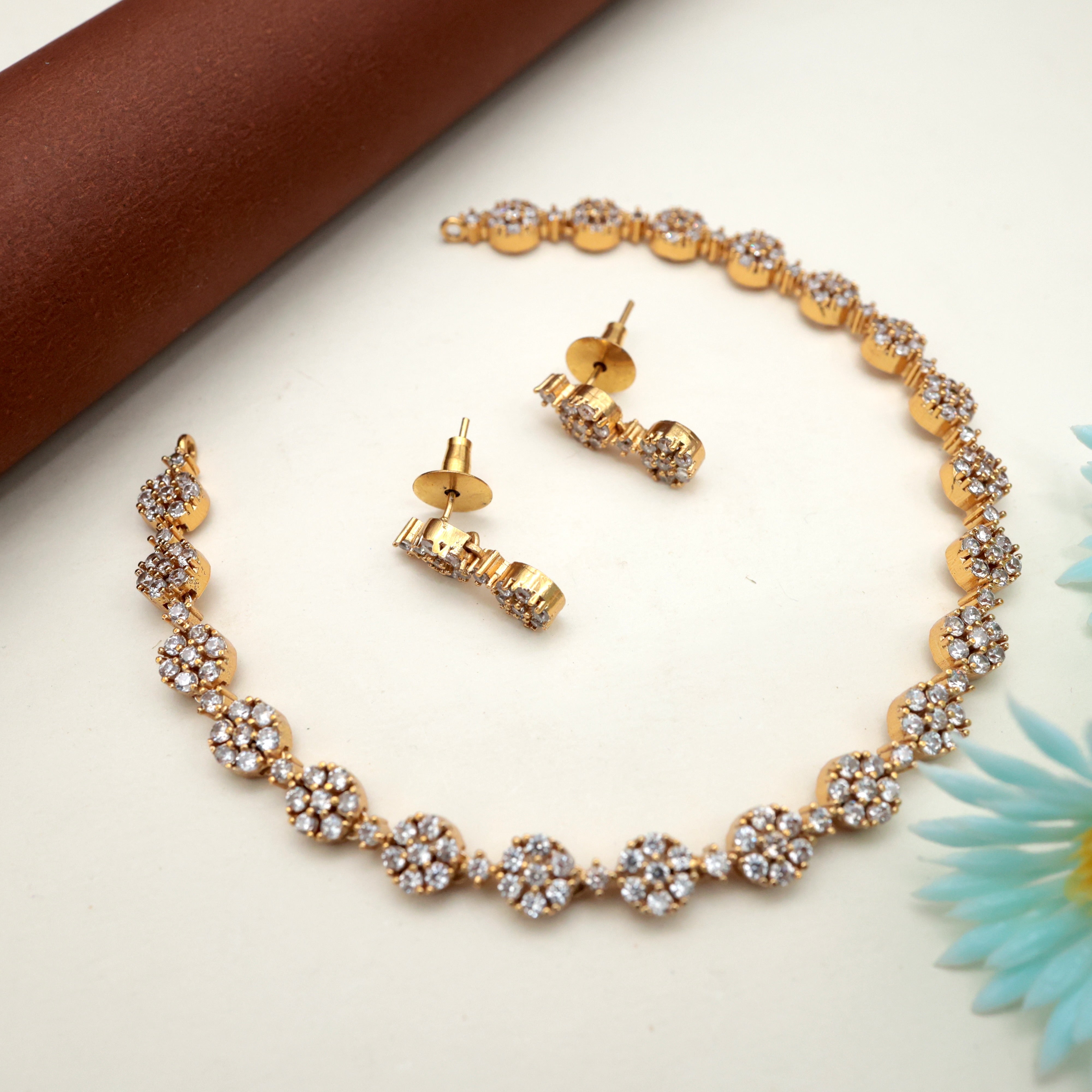 Diamond Look AD 7 Stone Flower Necklace Set