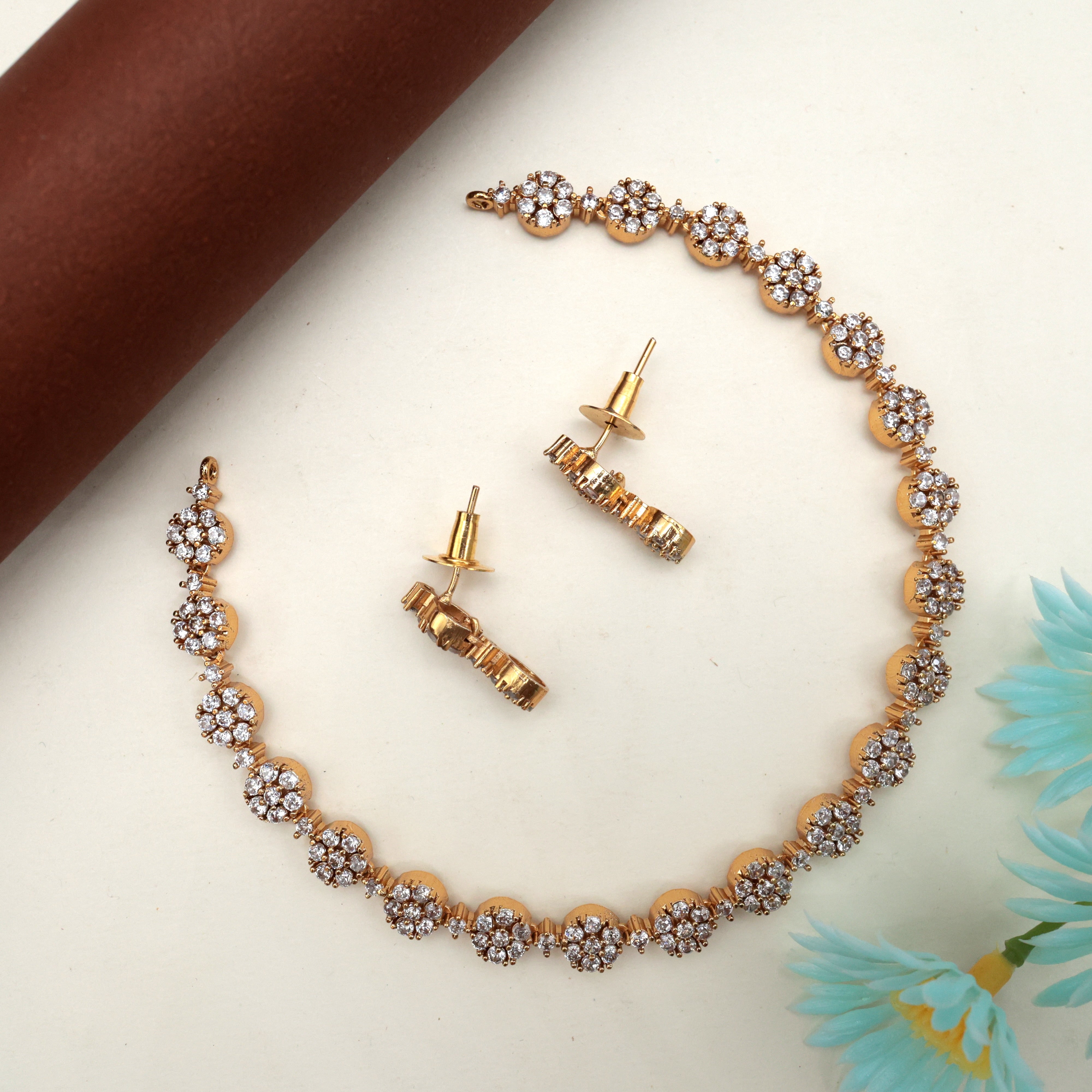 Diamond Look AD 7 Stone Flower Necklace Set