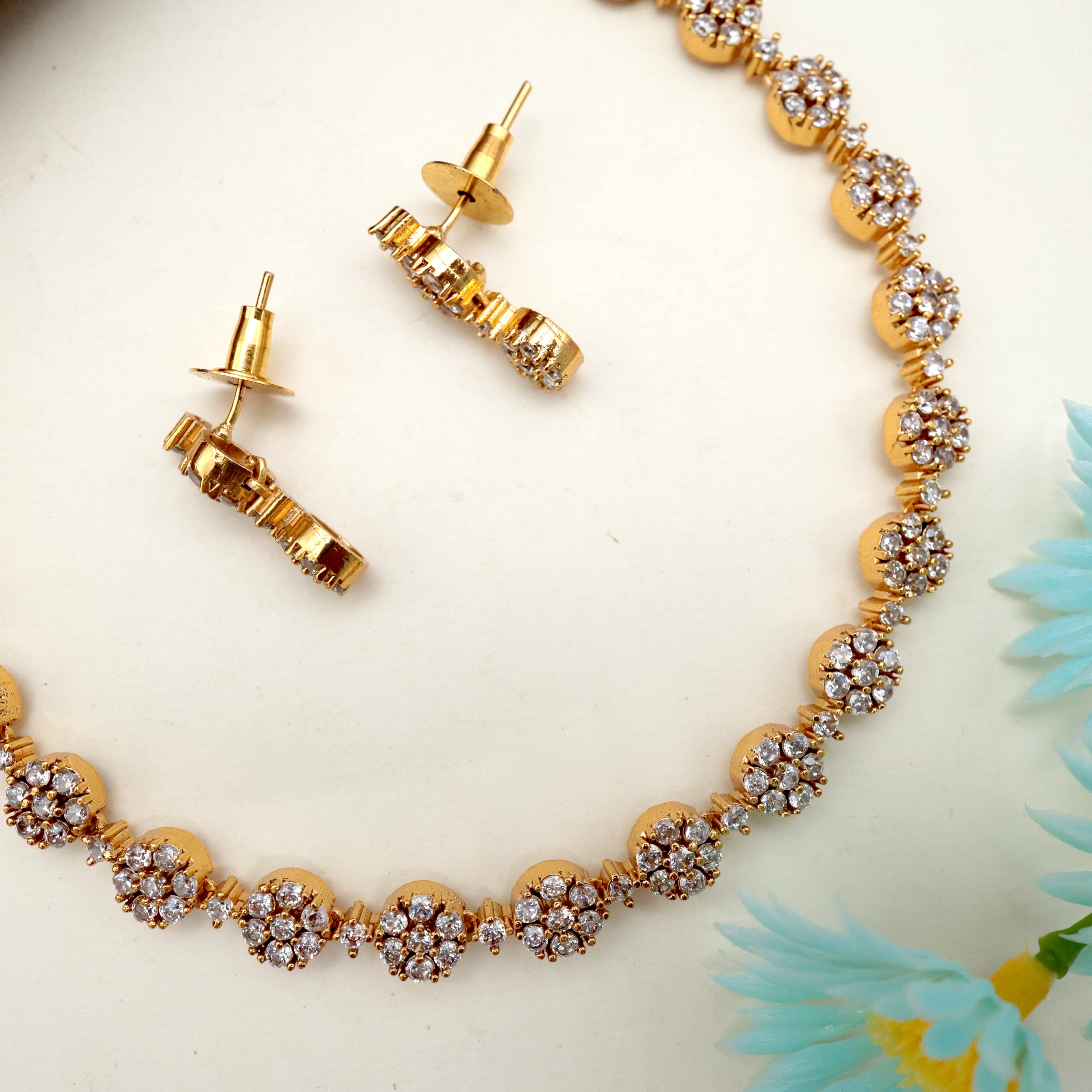 Diamond Look AD 7 Stone Flower Necklace Set