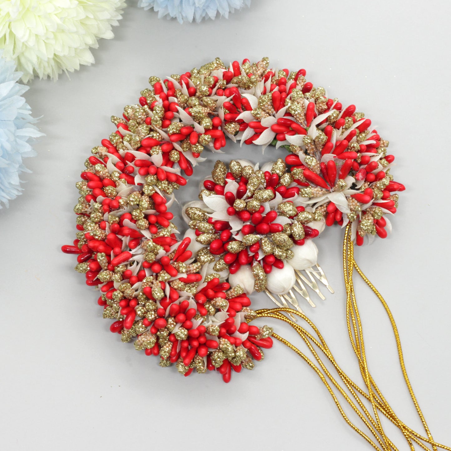 Handmade Pollen Bridal Veni with Jasmine Pollen Comb - Red