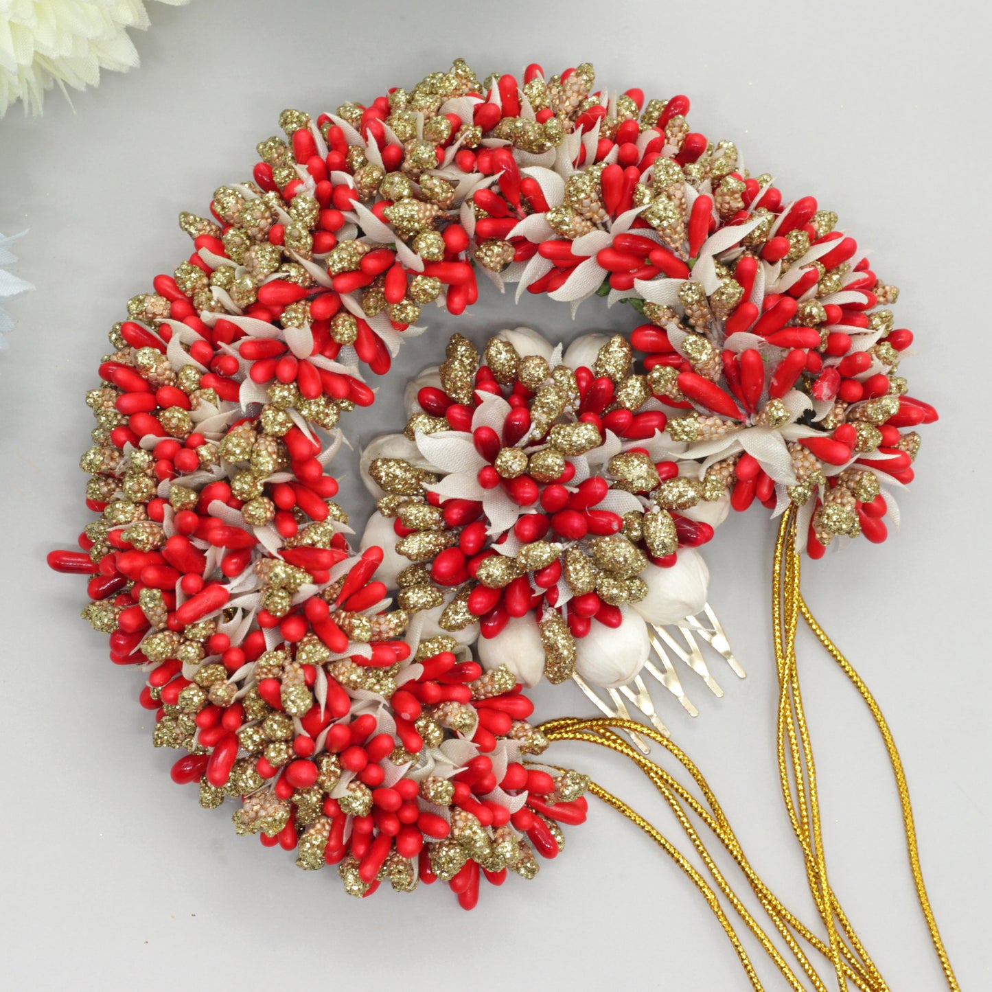 Handmade Pollen Bridal Veni with Jasmine Pollen Comb - Red