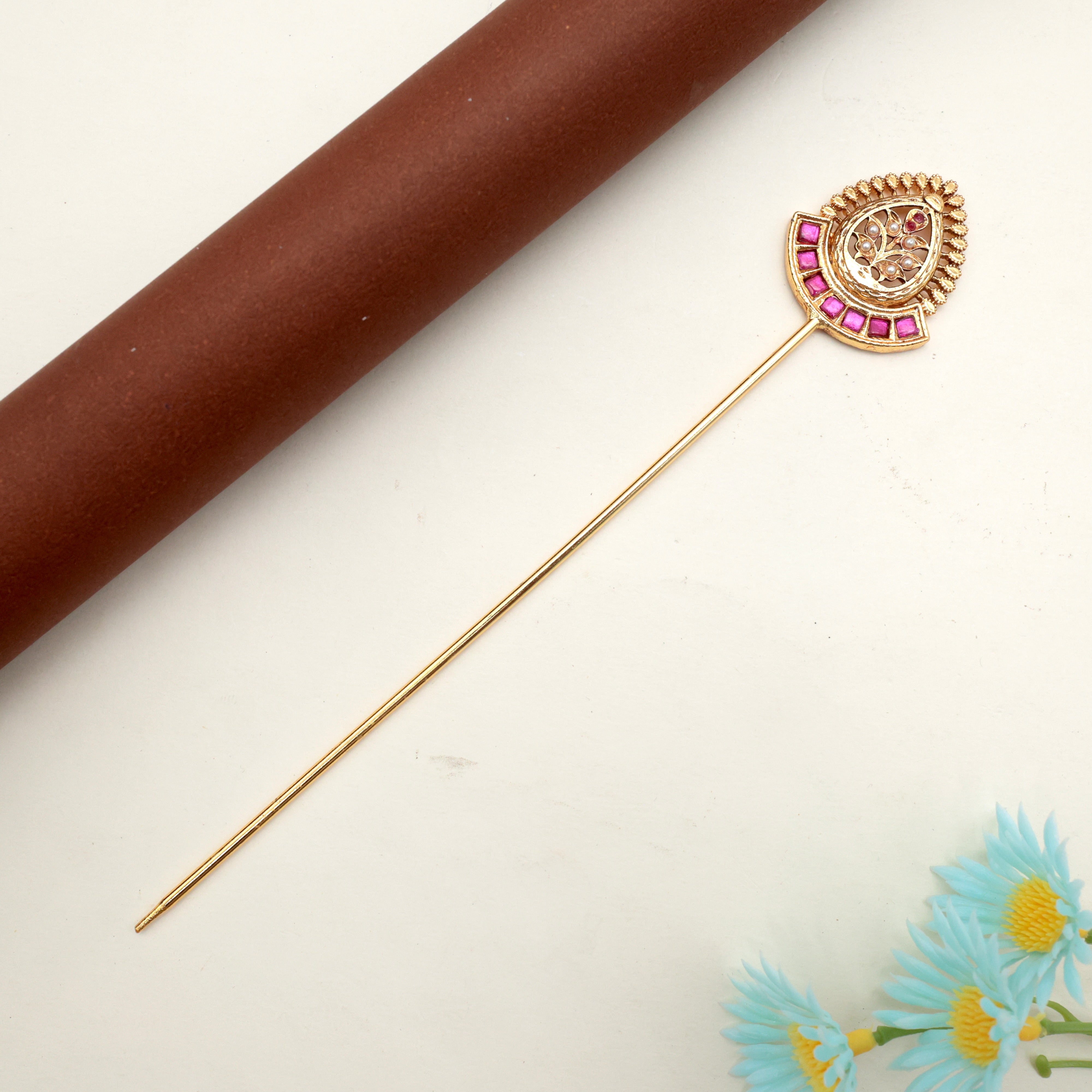 PREMIUM JADAU KUNDAN MUGHAL FLOWER HAIR BUN HOLDER CAGE WITH JUDA STICK - FULL RUBY