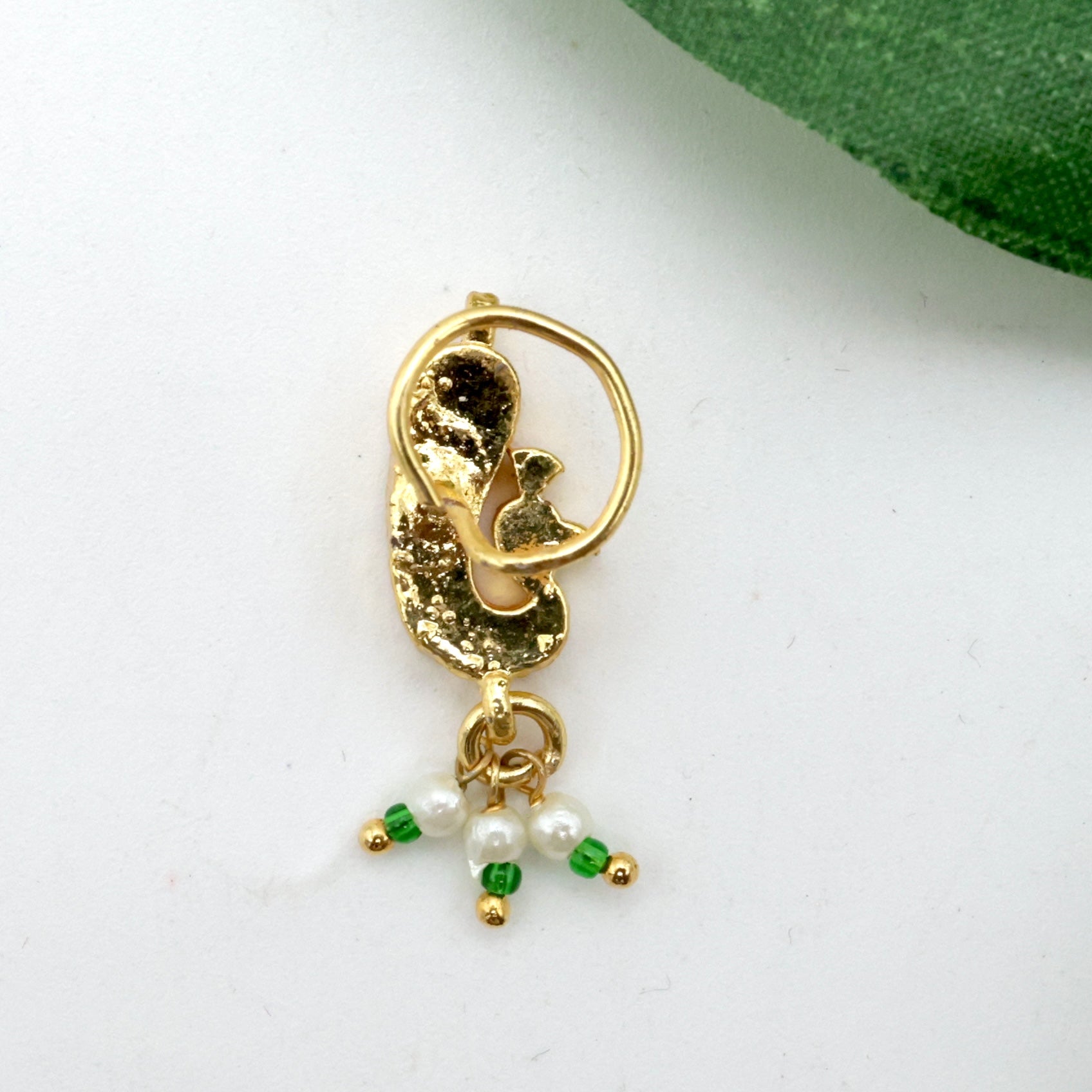 Gold Tone Premium Pachi Kundan Peacock Wired Nose Pin/Nath