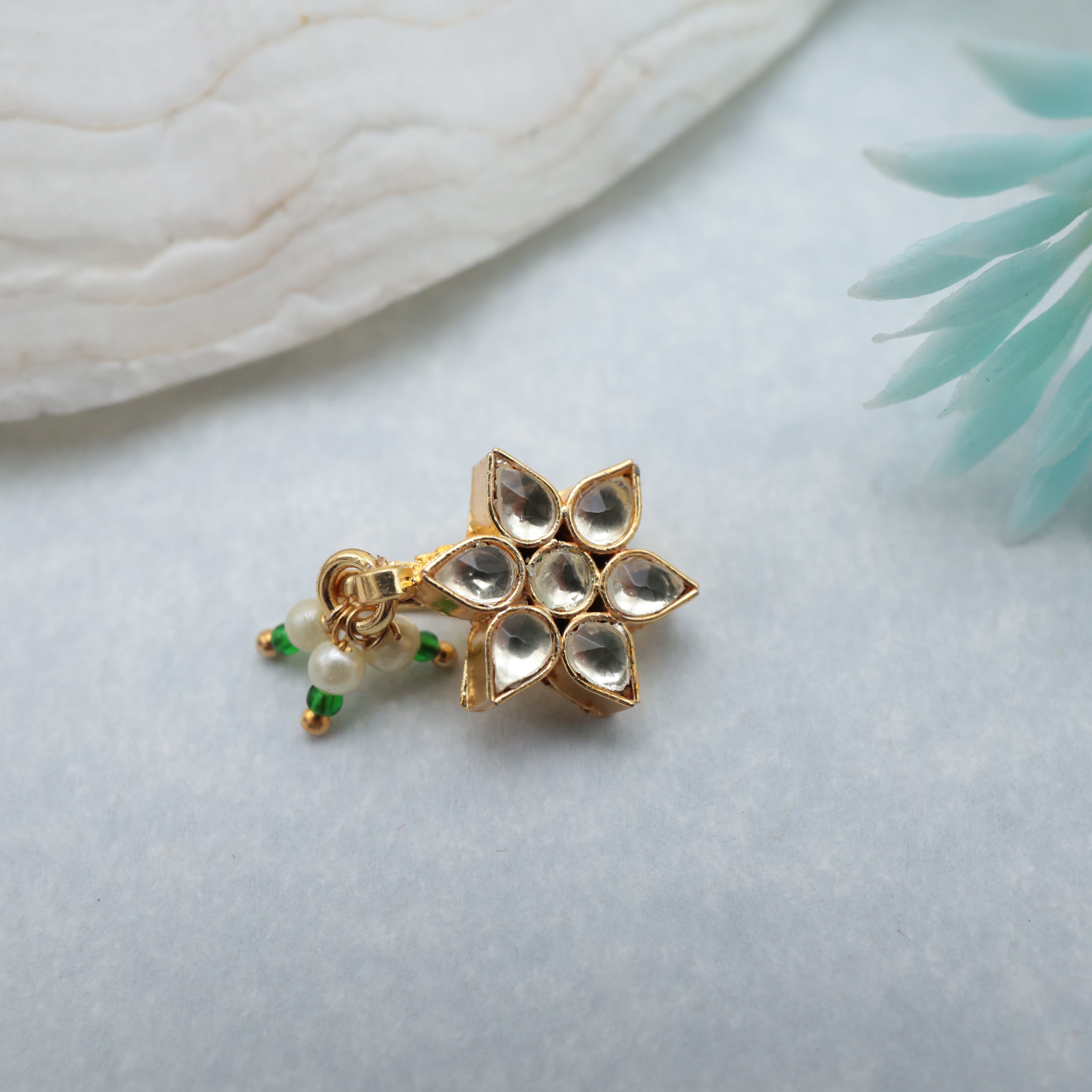 PREMIUM PACHI KUNDAN FLOWER CLIP ON NOSE PIN - KUNDAN BRIDAL NOSEPIN