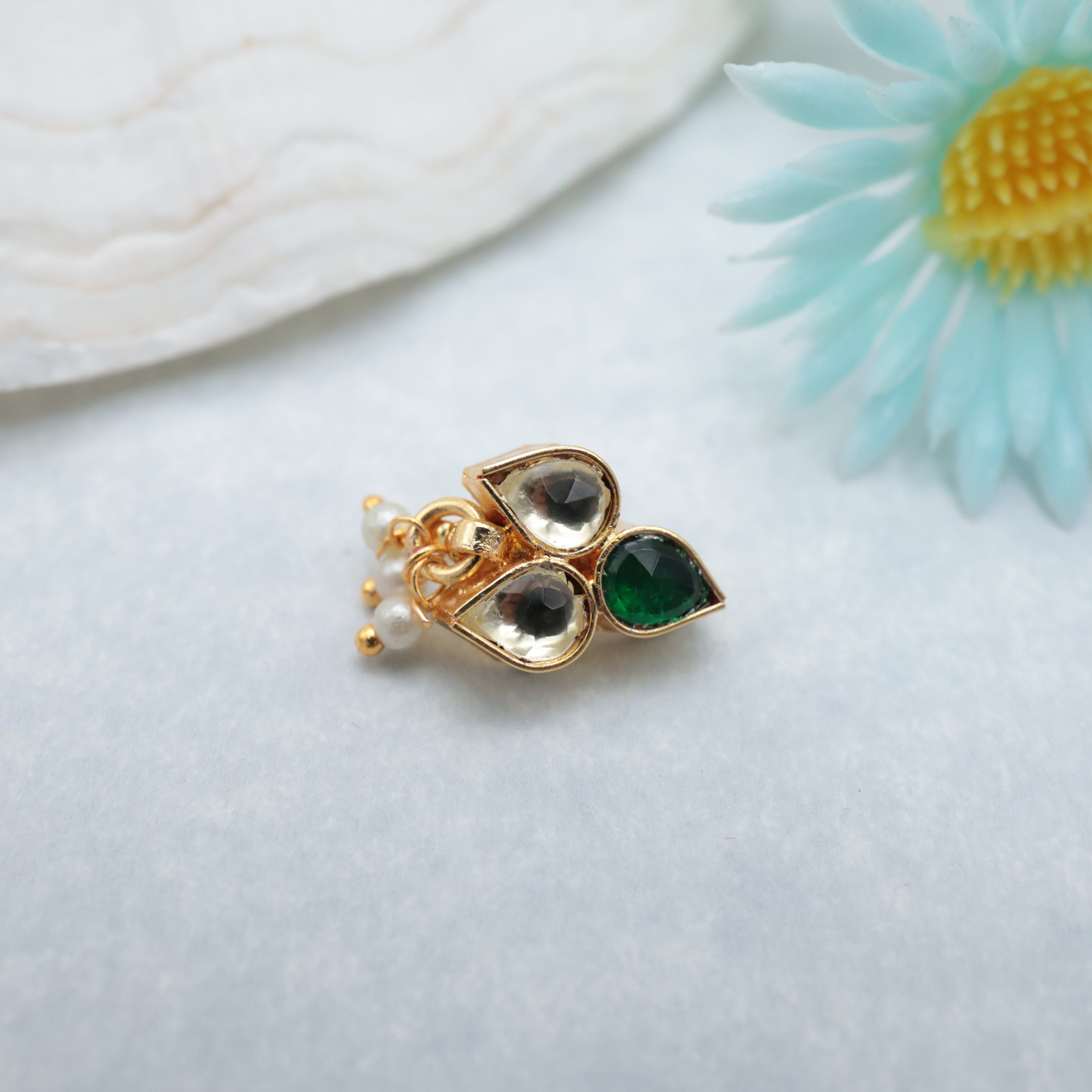 PREMIUM PACHI KUNDAN 3 DROP CLIP ON NOSE PIN - KUNDAN BRIDAL NOSEPIN