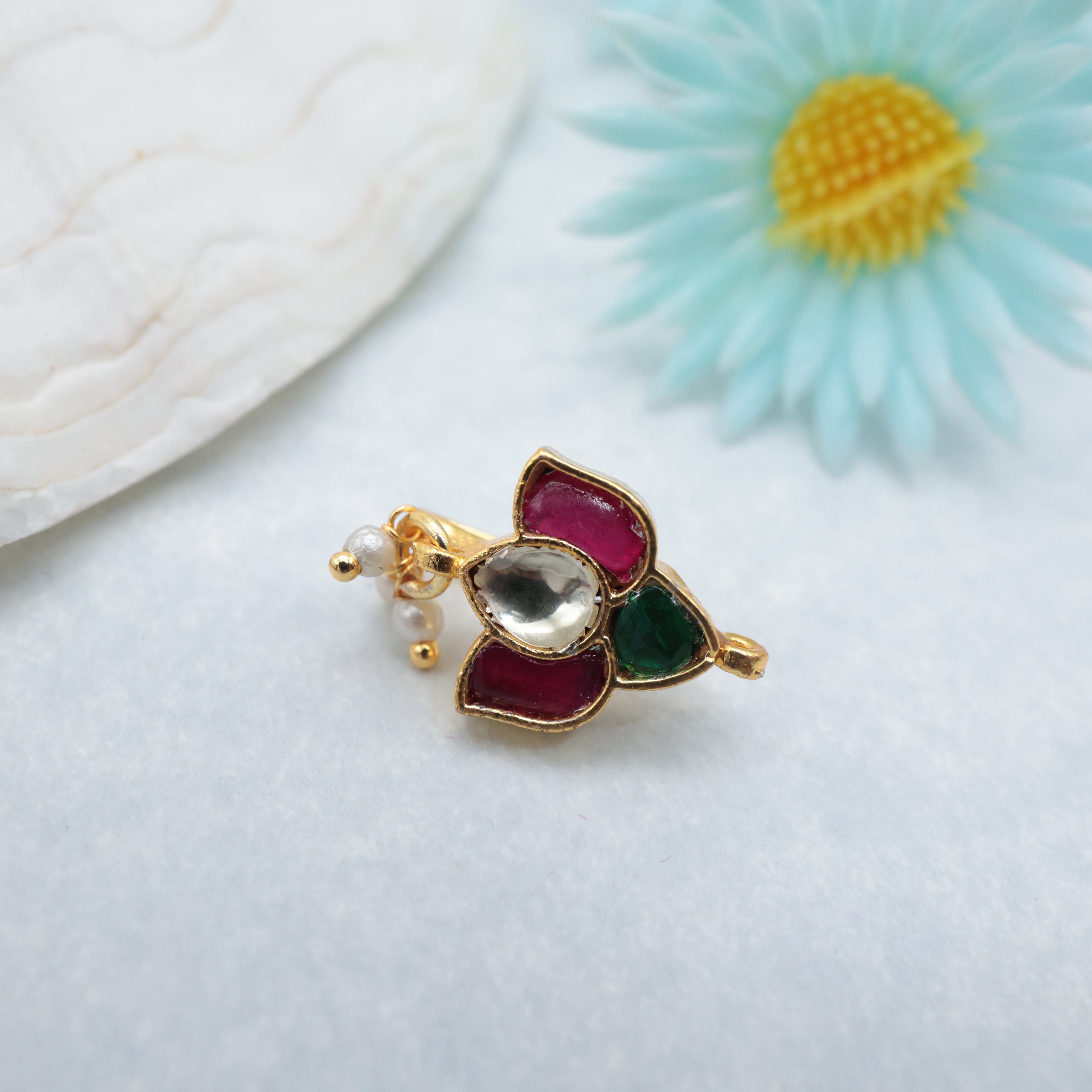 PREMIUM PACHI KUNDAN LOTUS CLIP ON NOSE PIN - KUNDAN BRIDAL NOSEPIN