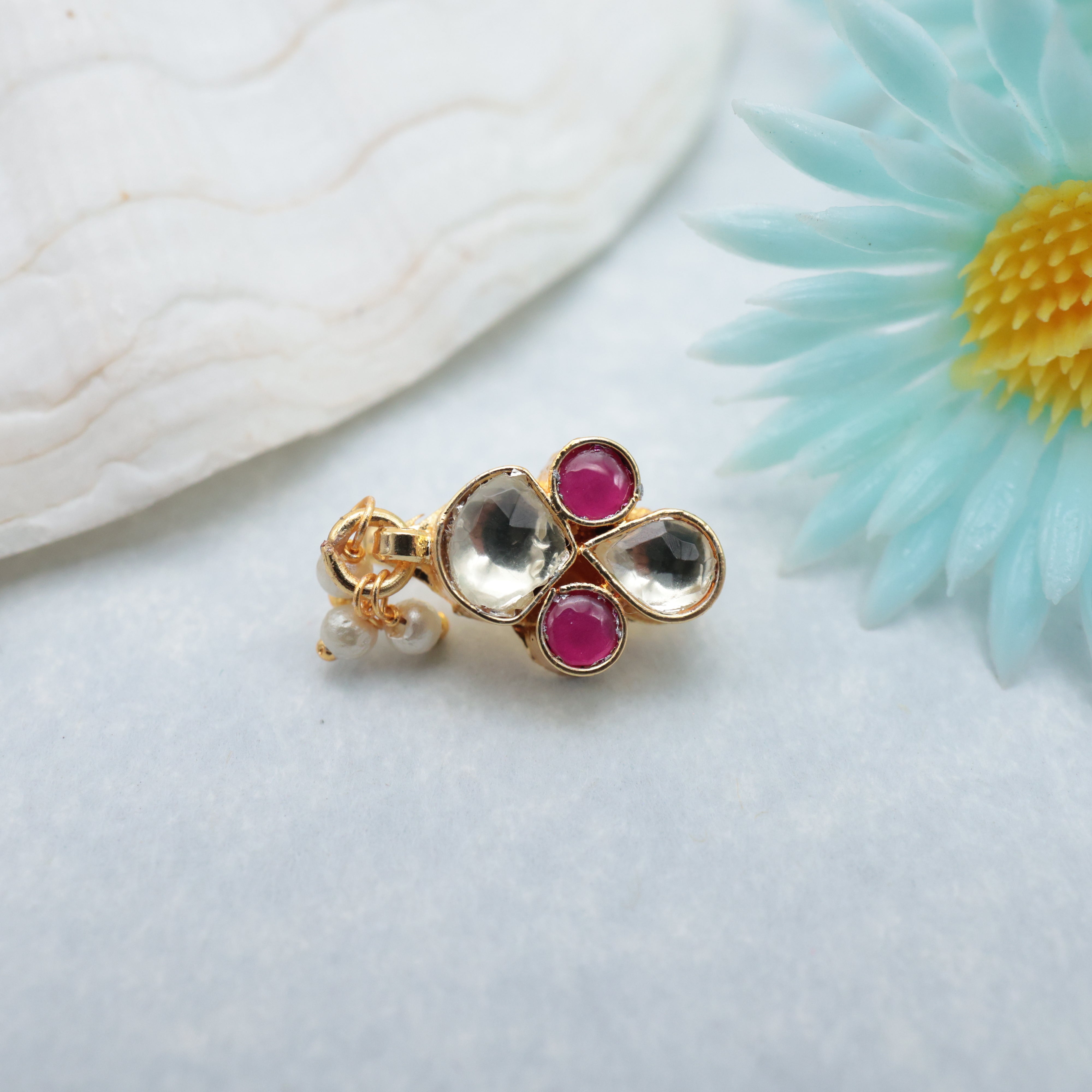 PREMIUM PACHI KUNDAN 4 DROPS CLIP ON NOSE PIN - KUNDAN BRIDAL NOSEPIN