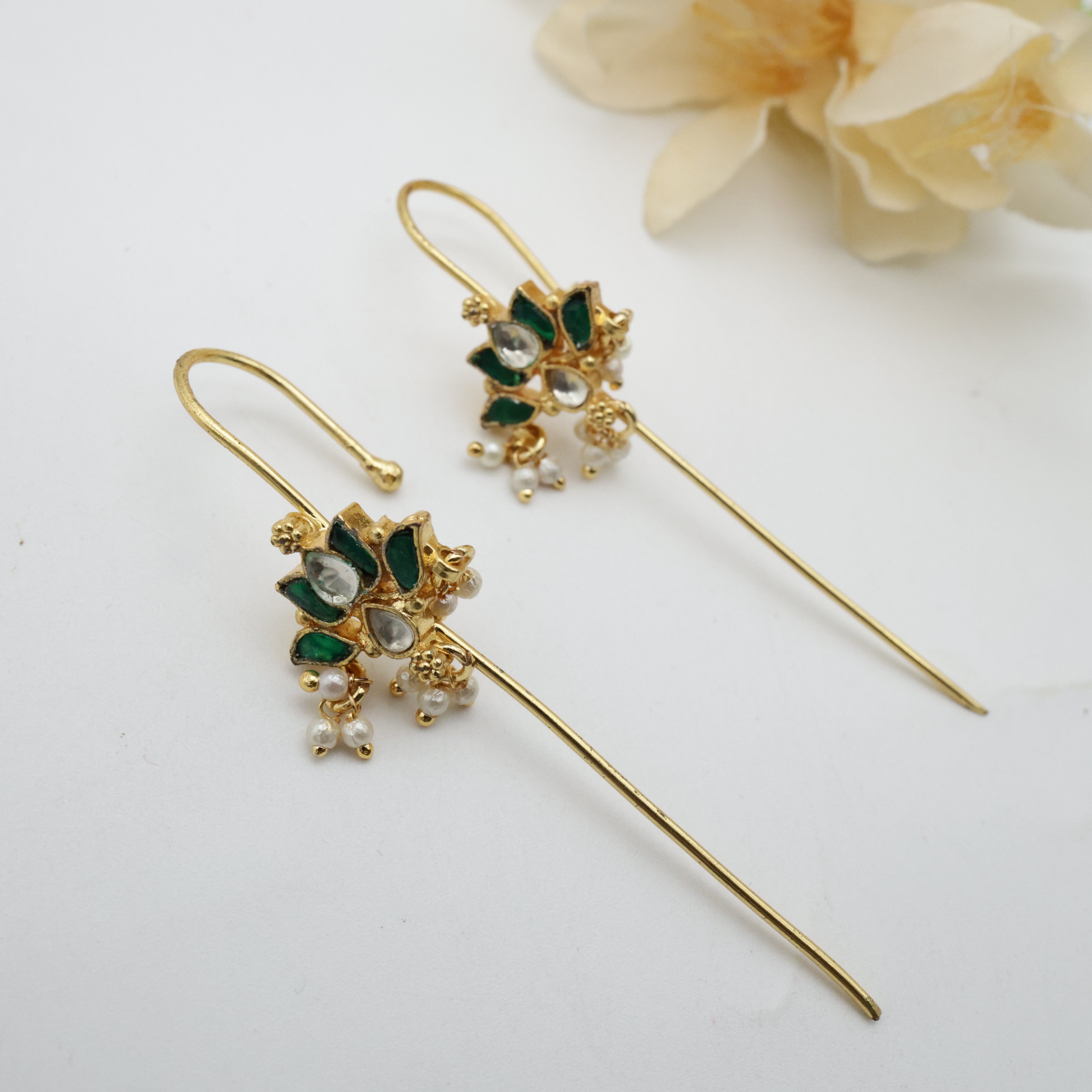 Real Gold Tone Pachi Kundan Tamara Needle Earcuff Earrings - Green