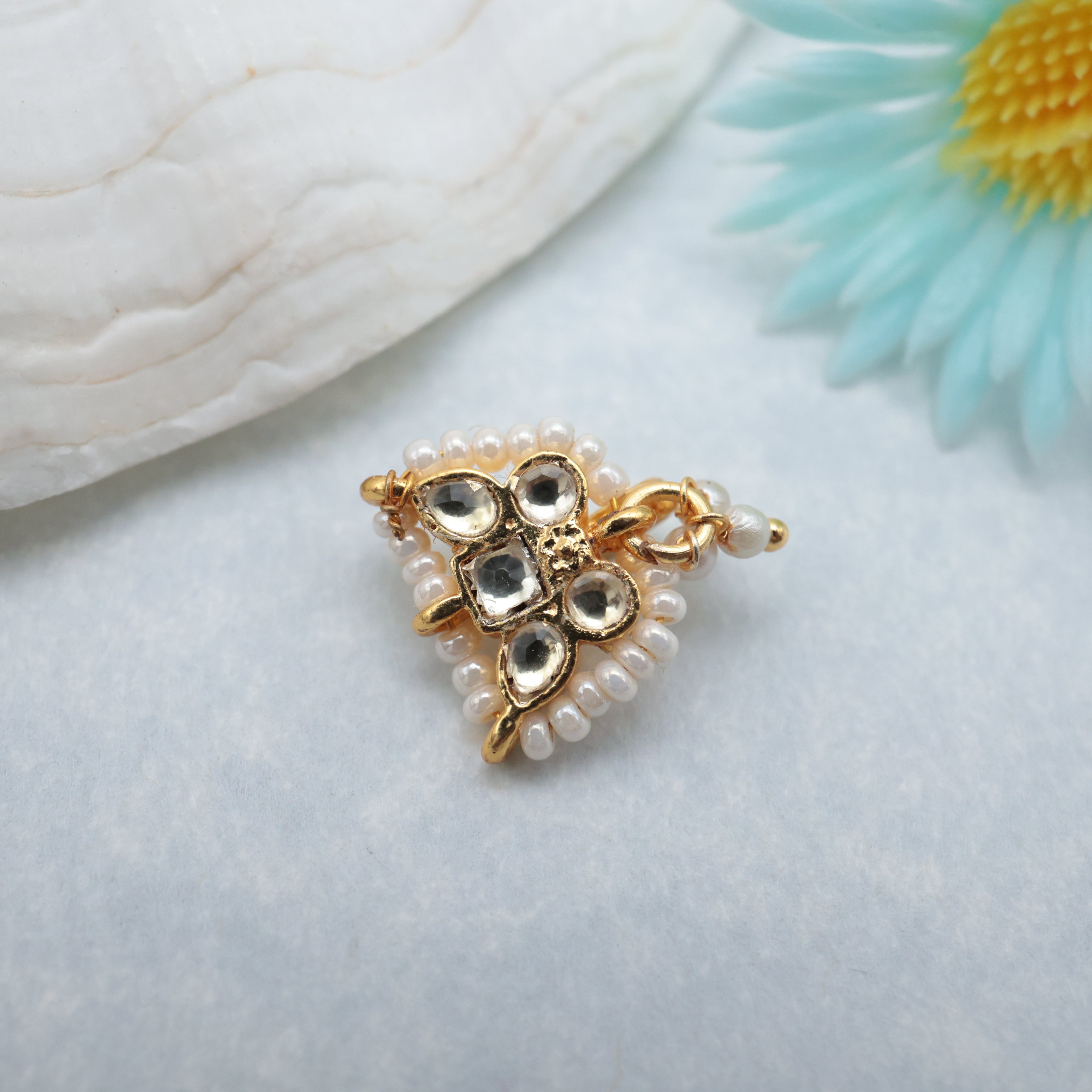 PREMIUM PACHI KUNDAN LOTUS PEARL OUTLINE CLIP ON NOSE PIN - KUNDAN BRIDAL NOSEPIN