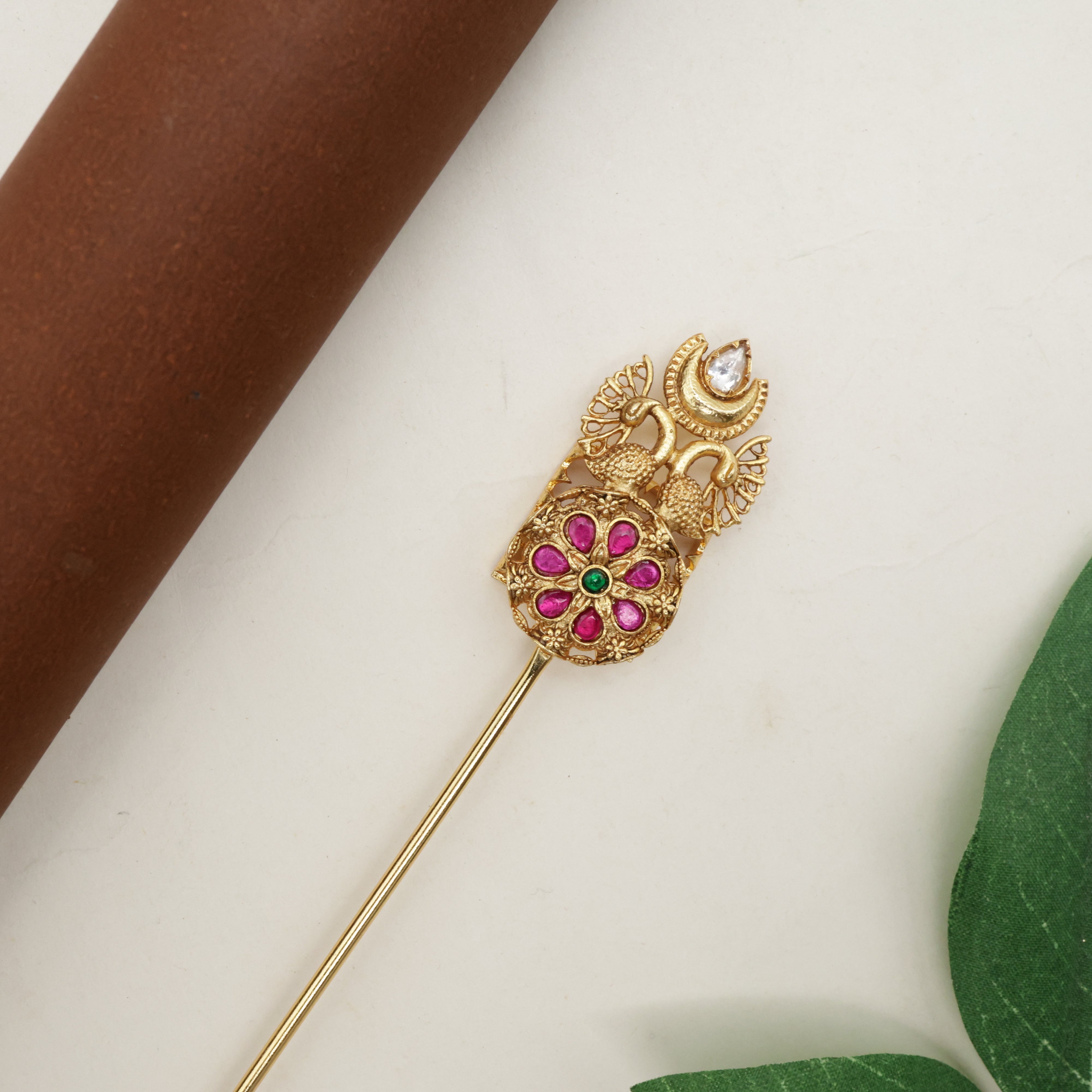 Premium Jadau Kundan Rettapakshi Hair Bun Cage With Juda Stick