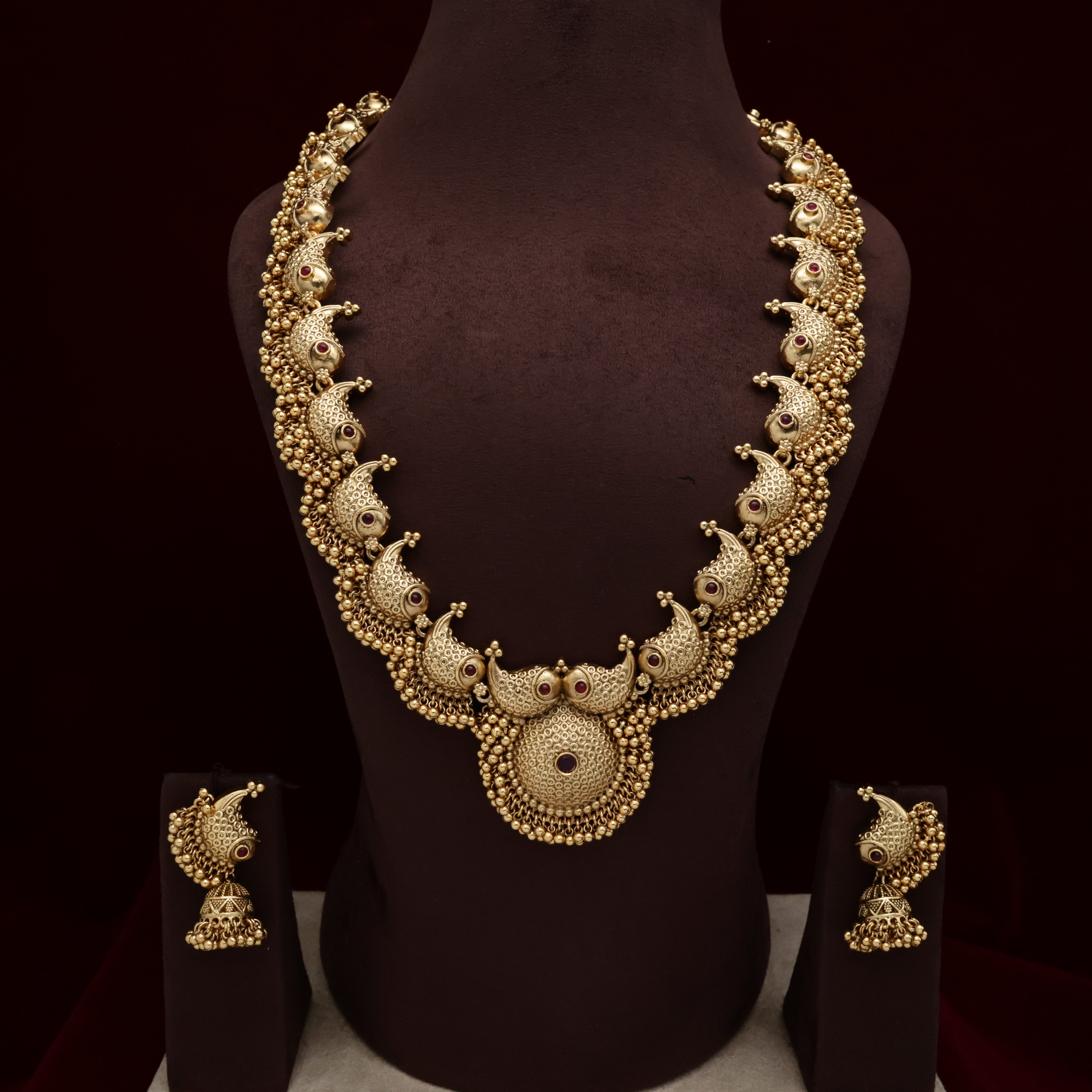 Antique Gold Fish Bunch Golden Pearls Bridal Haaram Set