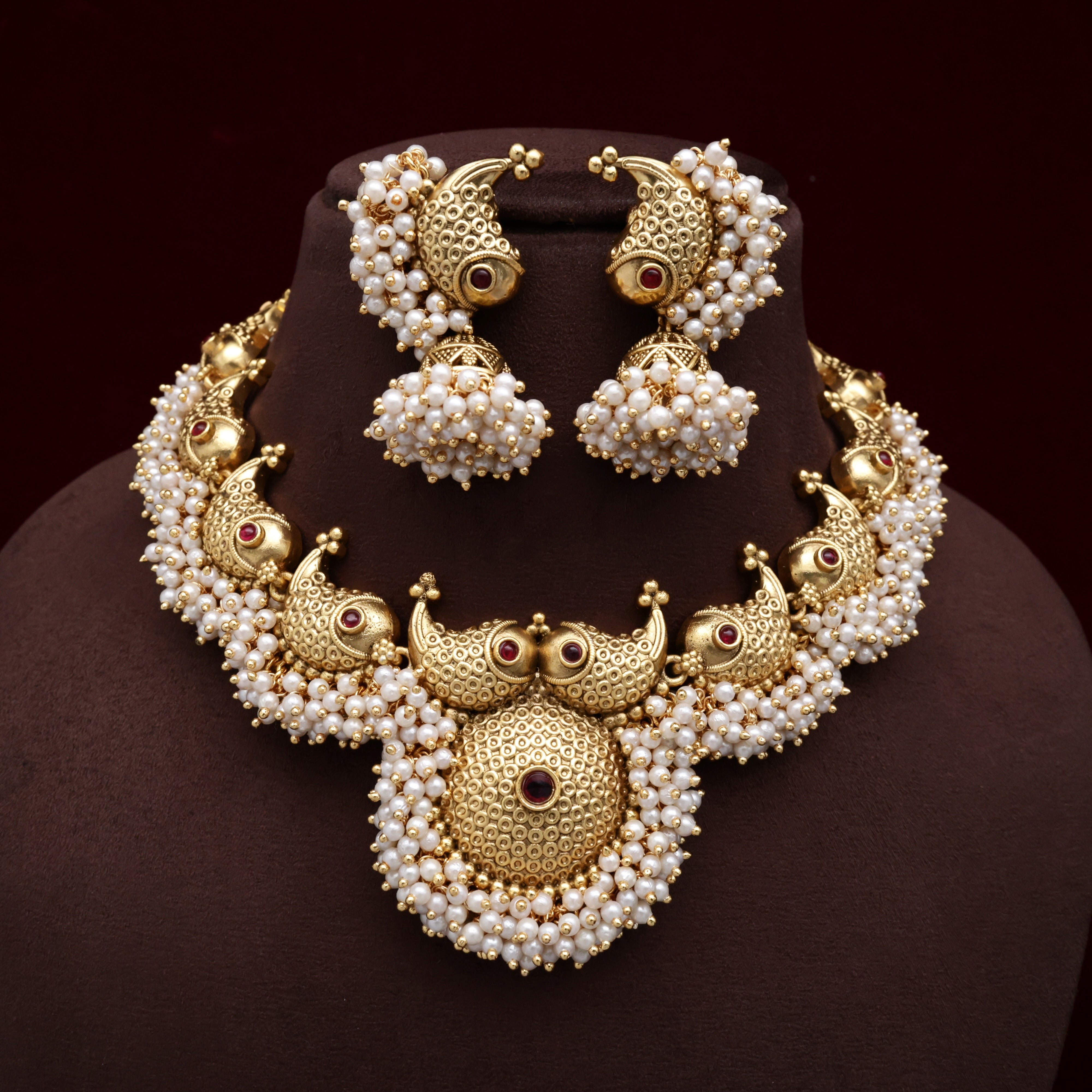 Antique Gold Fish Bunch Pearls Bridal Necklace Set