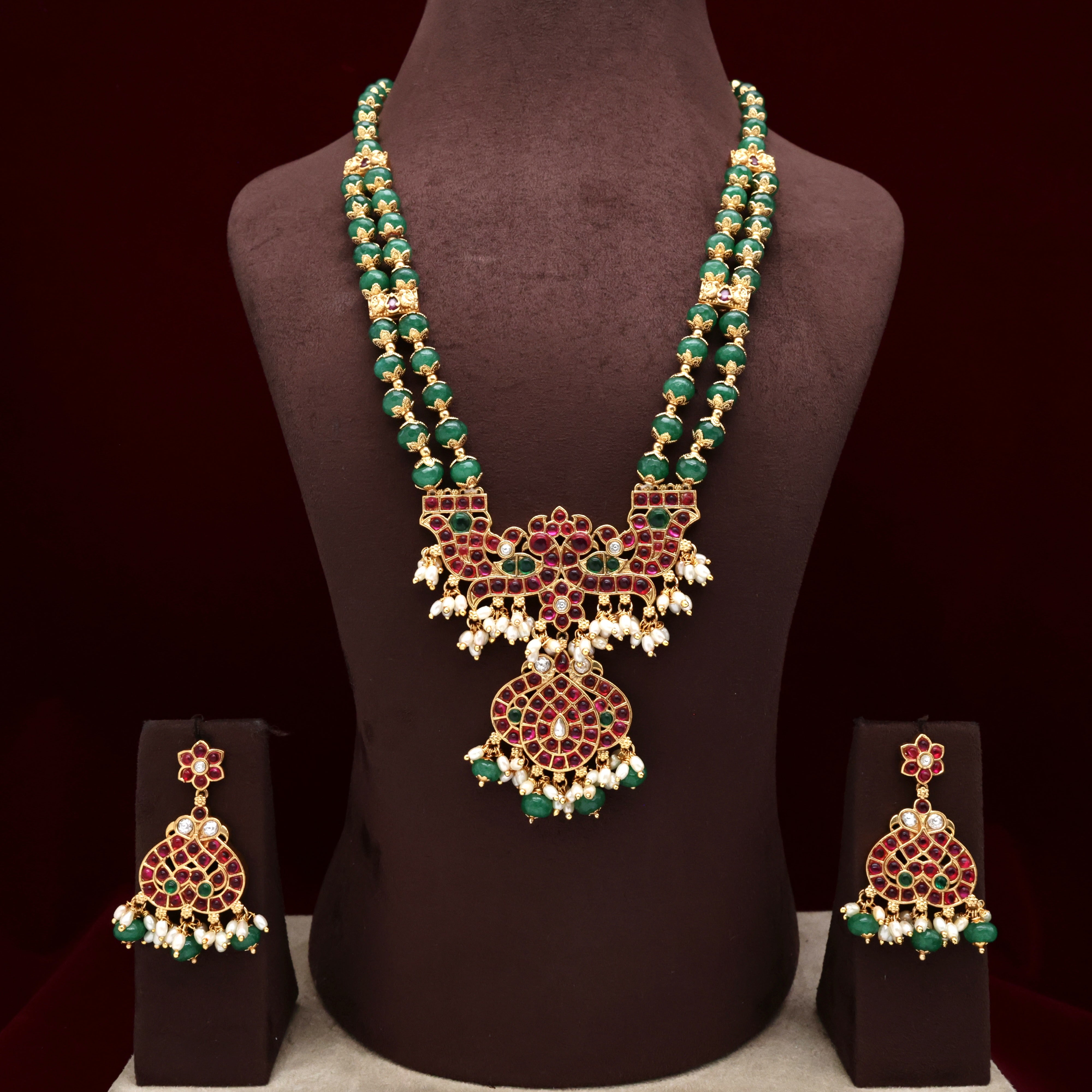 Double Line Pumpkin Beads Kemp Rettapakshi Pendant Bridal Haaram Set