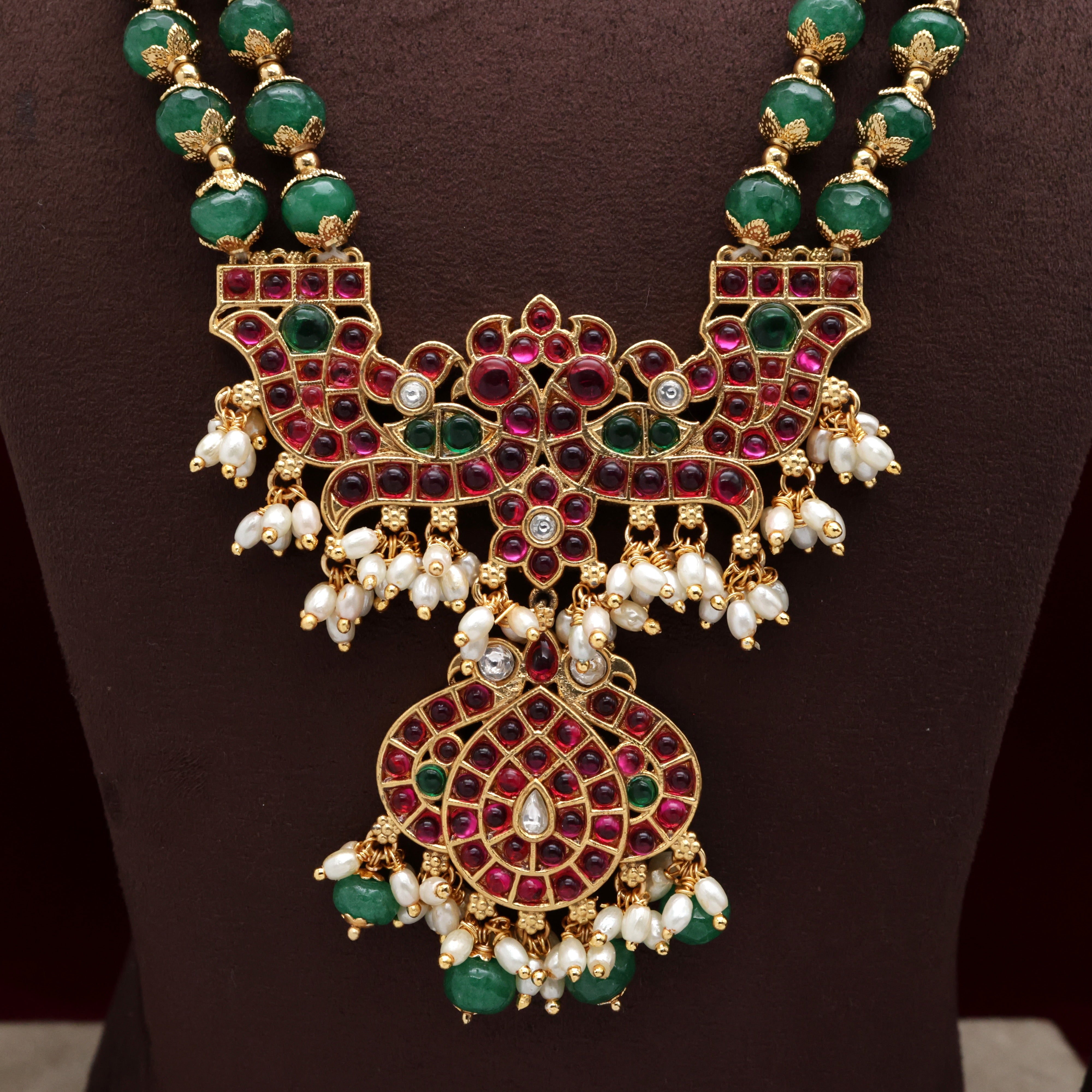 Double Line Pumpkin Beads Kemp Rettapakshi Pendant Bridal Haaram Set