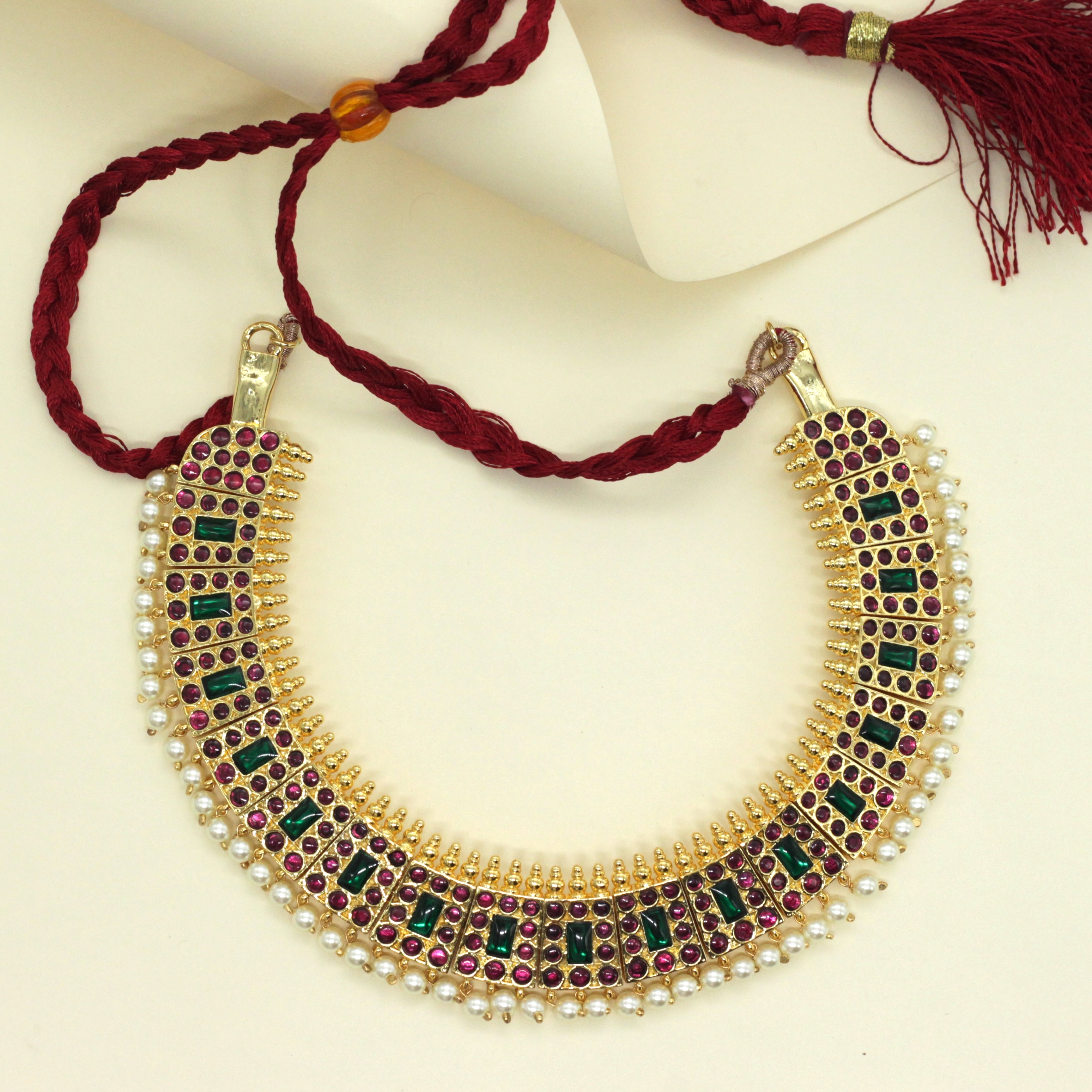 Traditional Real Kemp Poothali Necklace - Ruby & Green