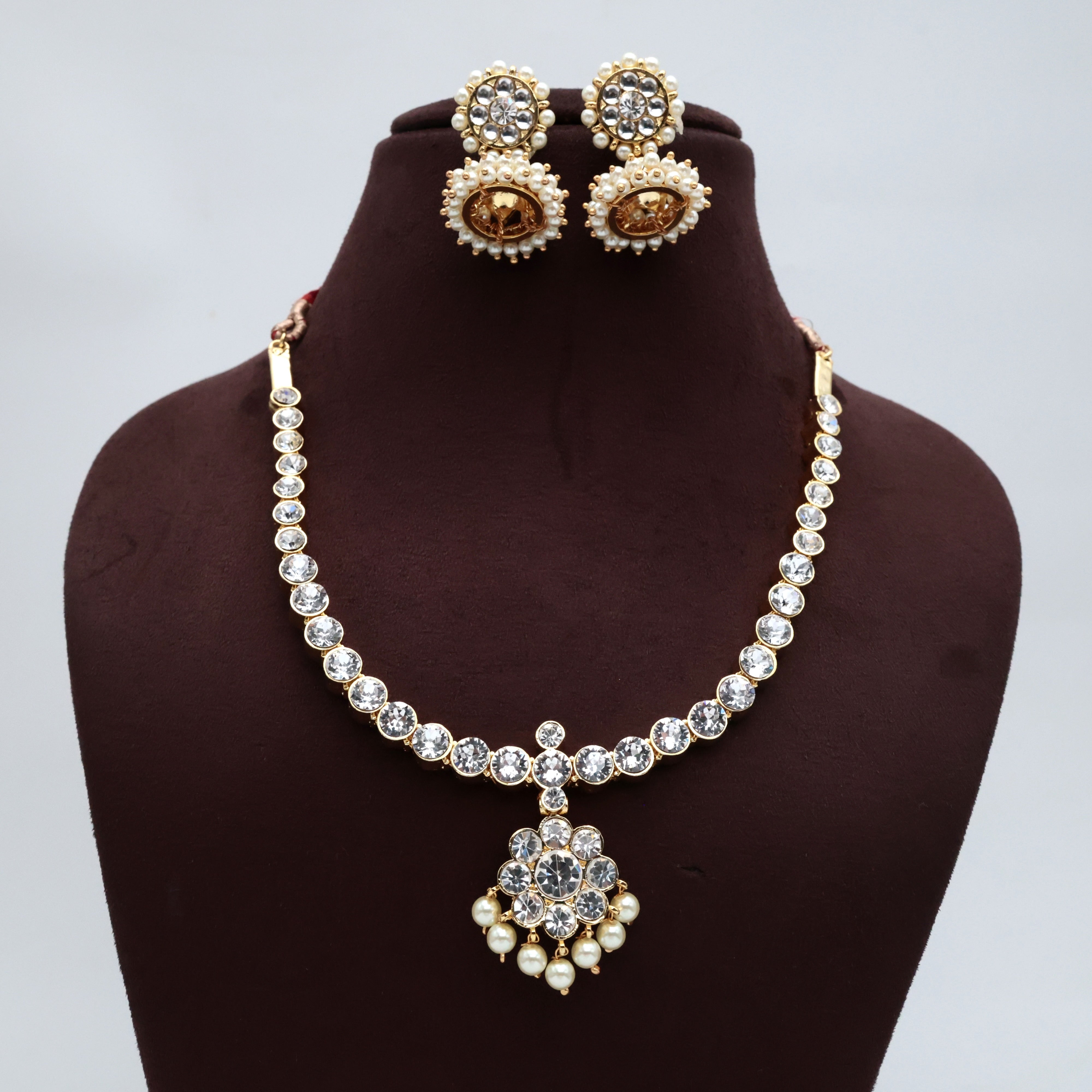 TRADITIONAL CLASSIC WHITE STONE ATTIGAI WITH JHUMKAS