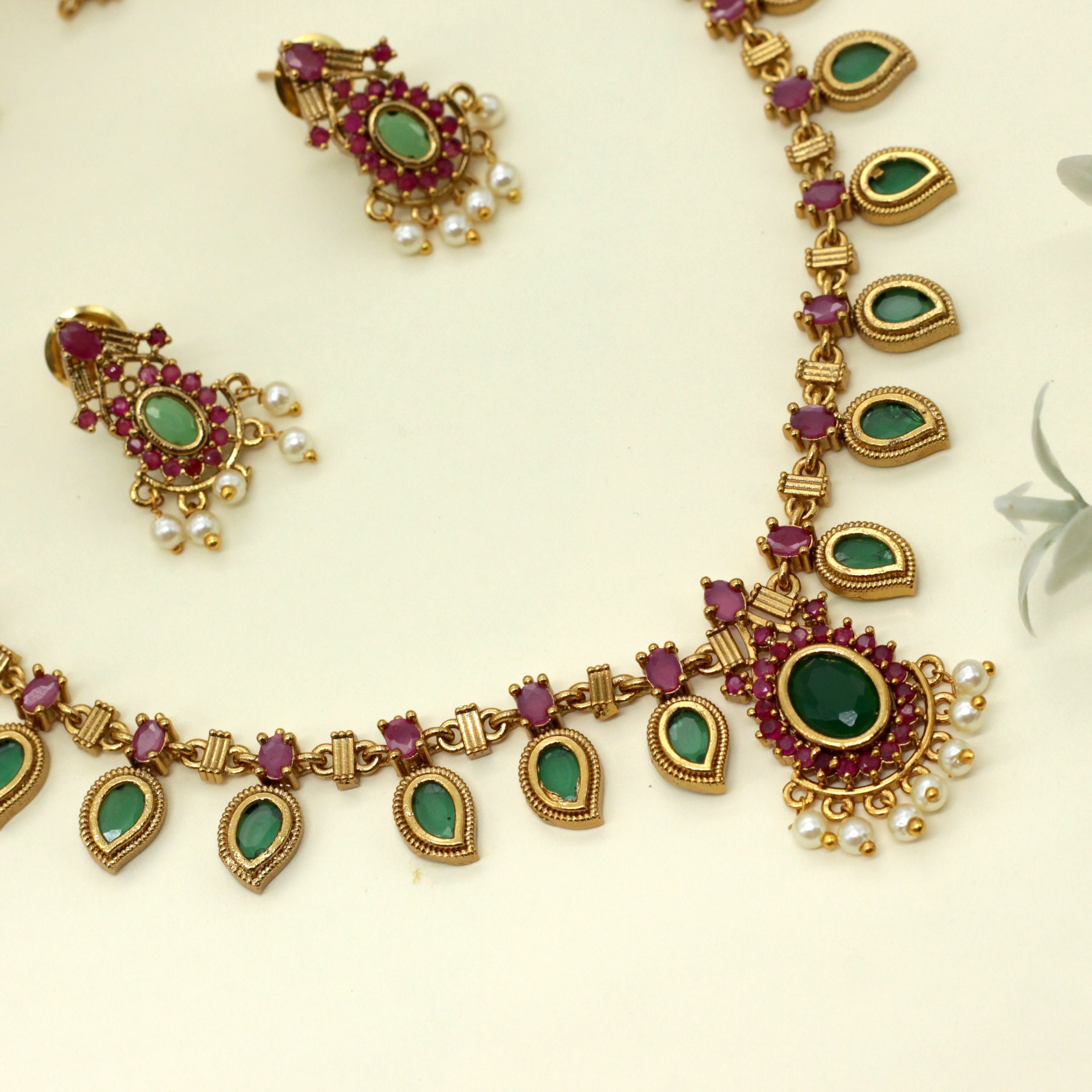 Antique Gold Kerala Palakka Mango Short Necklace Set Happy Pique