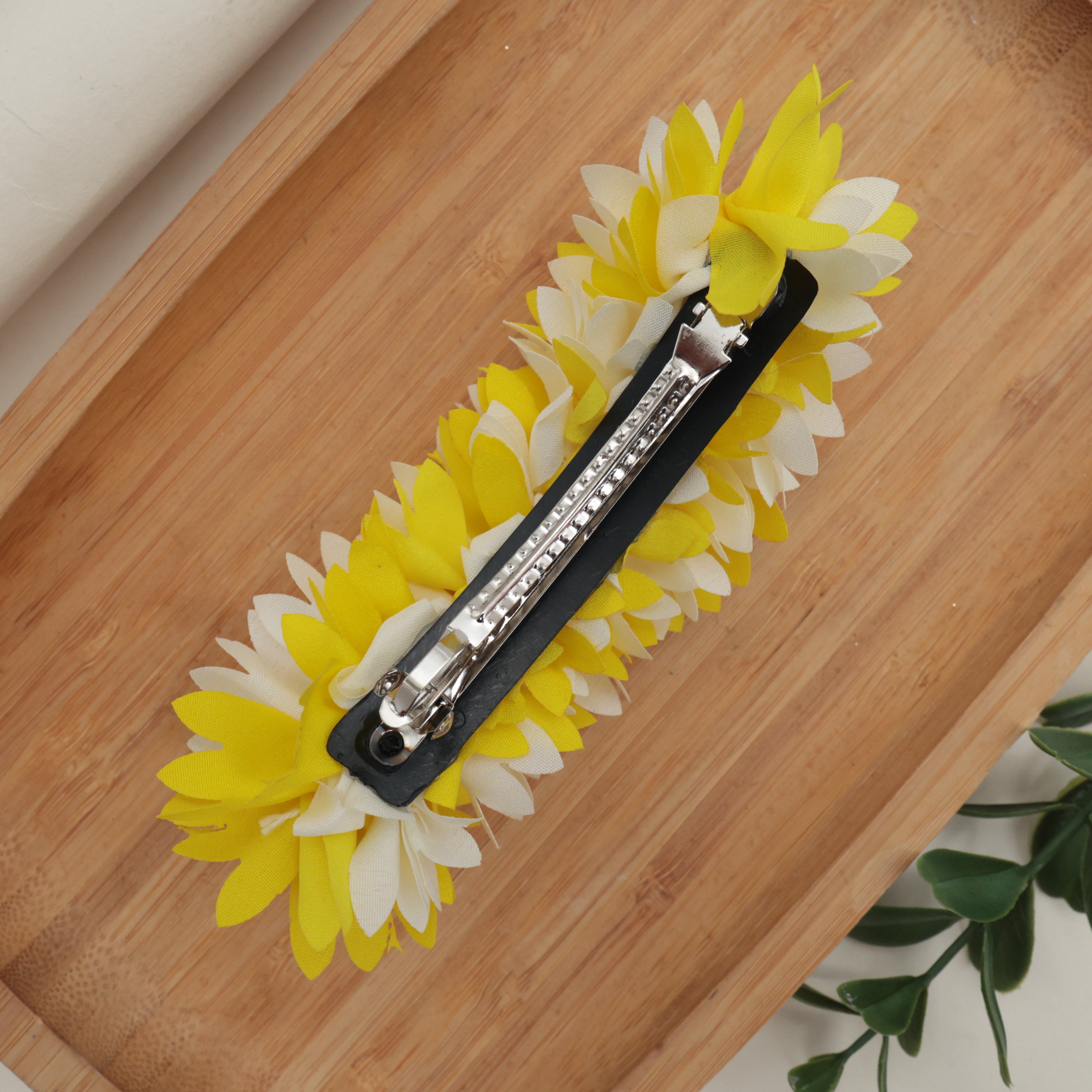 HANDMADE PICHI POO BIG SIZE FRENCH BARRETTE HAIR CLIP FOR WOMEN - LEMON YELLOW & WHITE