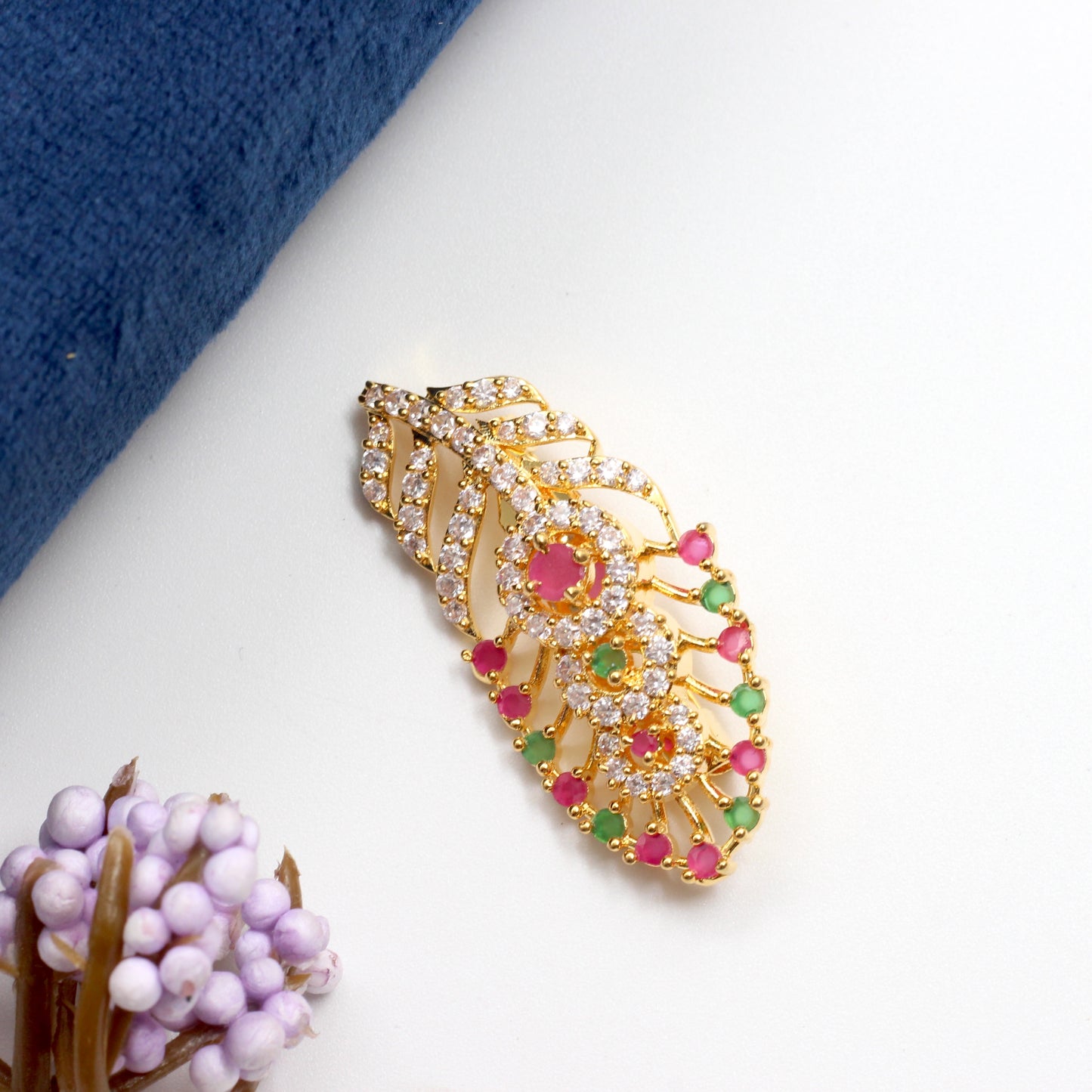 Micro Gold Polish AD Peacock Feather Designer Saree Brooch Pin