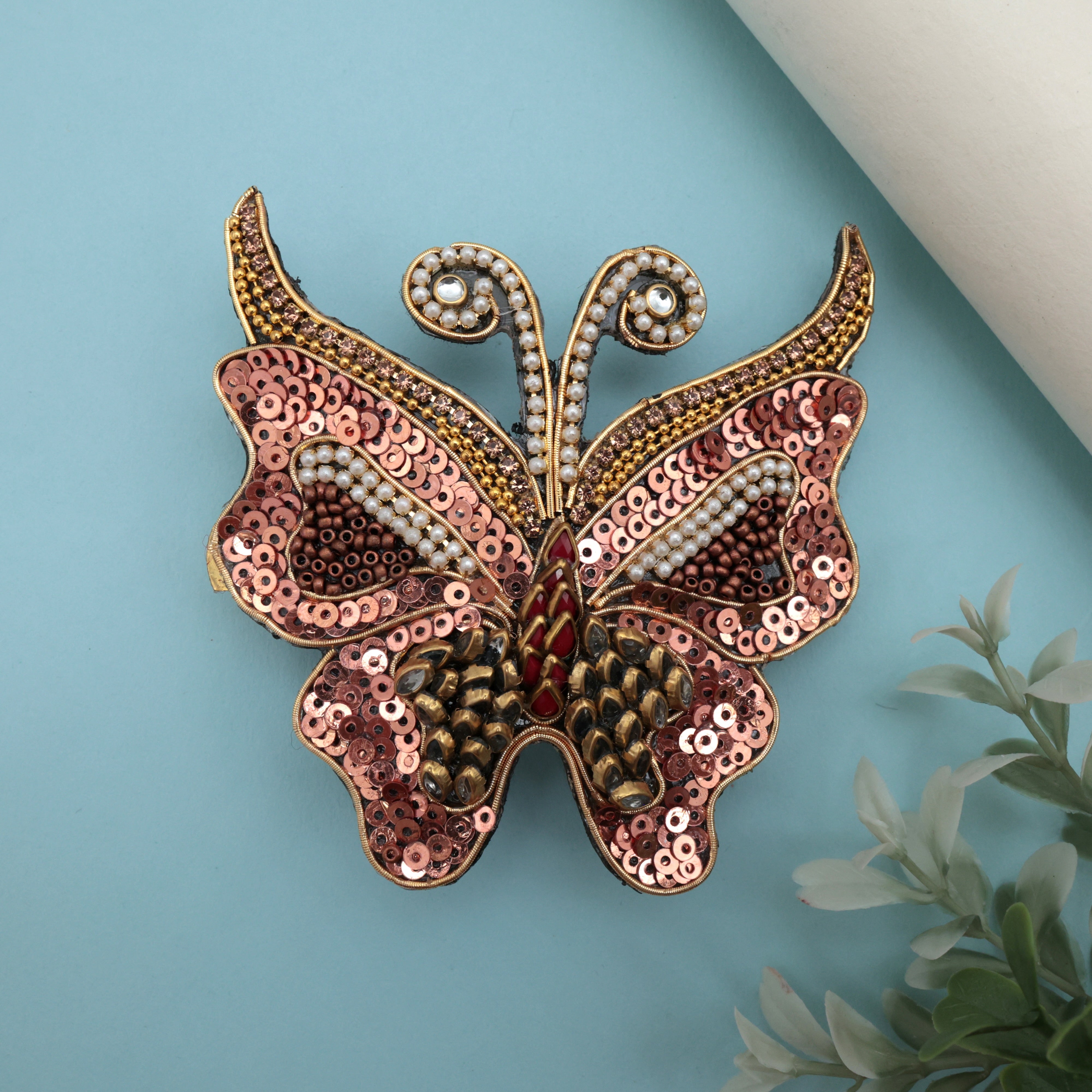 HANDMADE SEQUINS KUNDAN BUTTERFLY HAIR CLIP - PEACH- FRENCH BARRETTE HAIR CLIPS FOR WOMEN