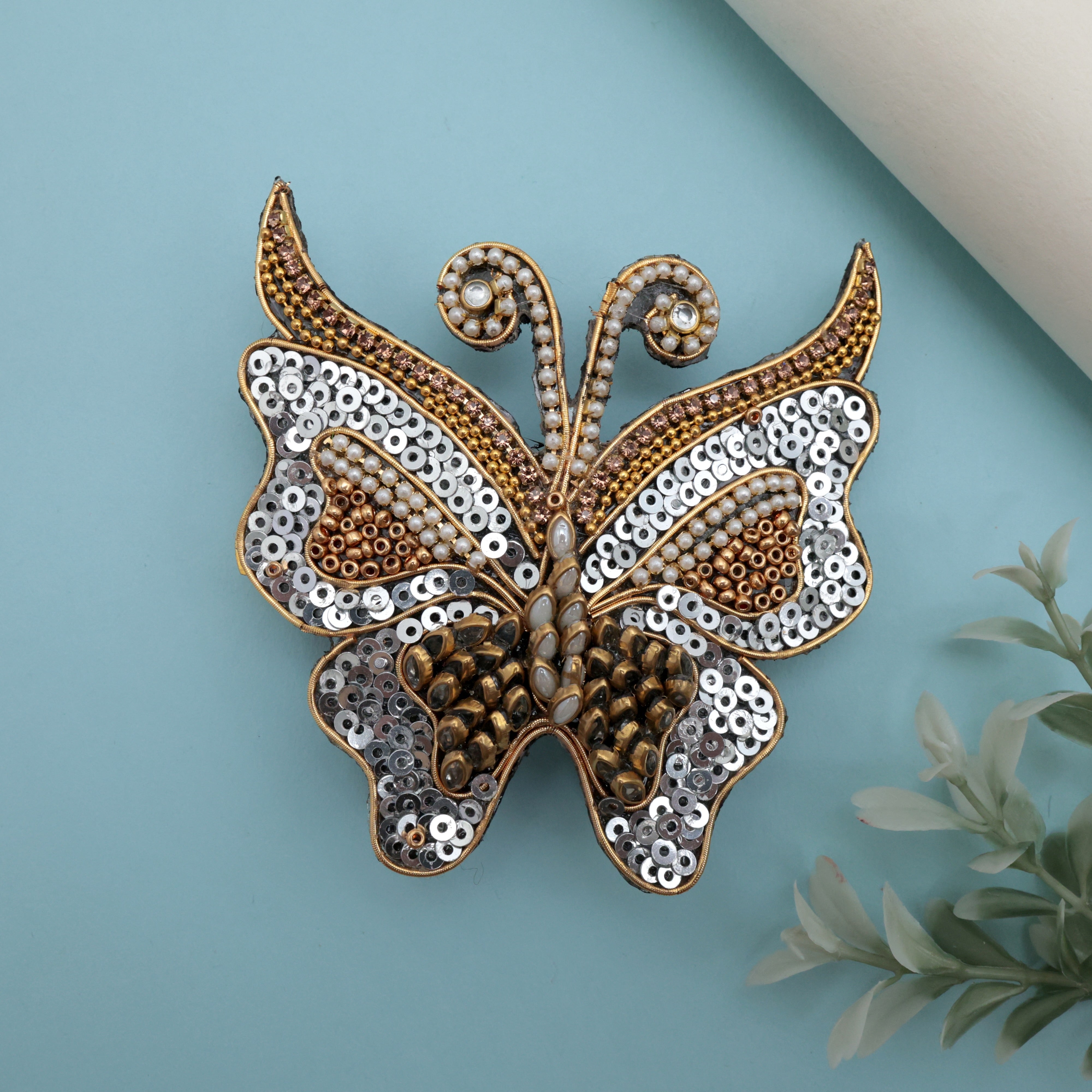 HANDMADE SEQUINS KUNDAN BUTTERFLY HAIR CLIP - SILVER- FRENCH BARRETTE HAIR CLIPS FOR WOMEN