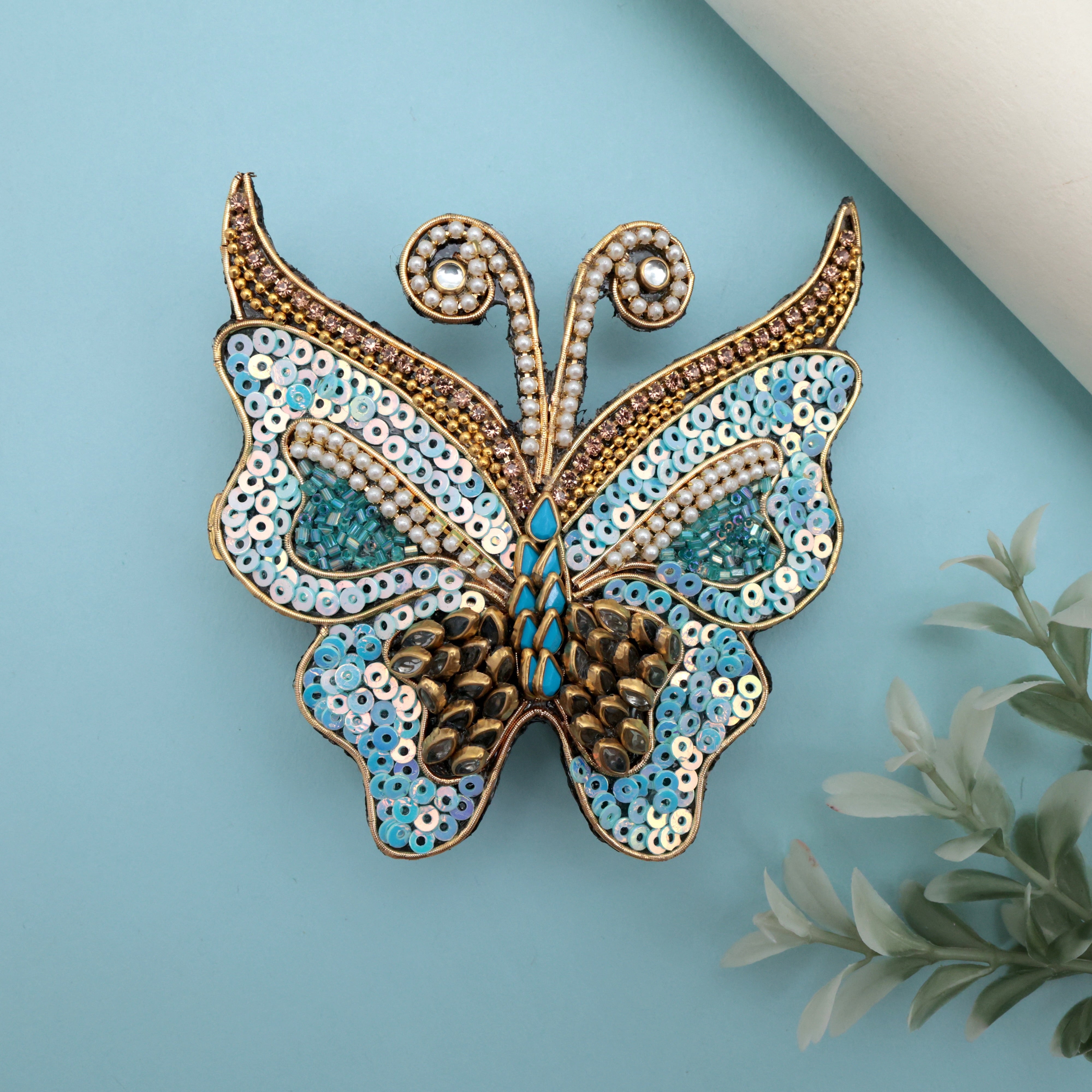 HANDMADE SEQUINS KUNDAN BUTTERFLY HAIR CLIP - ICE BLUE- FRENCH BARRETTE HAIR CLIPS FOR WOMEN