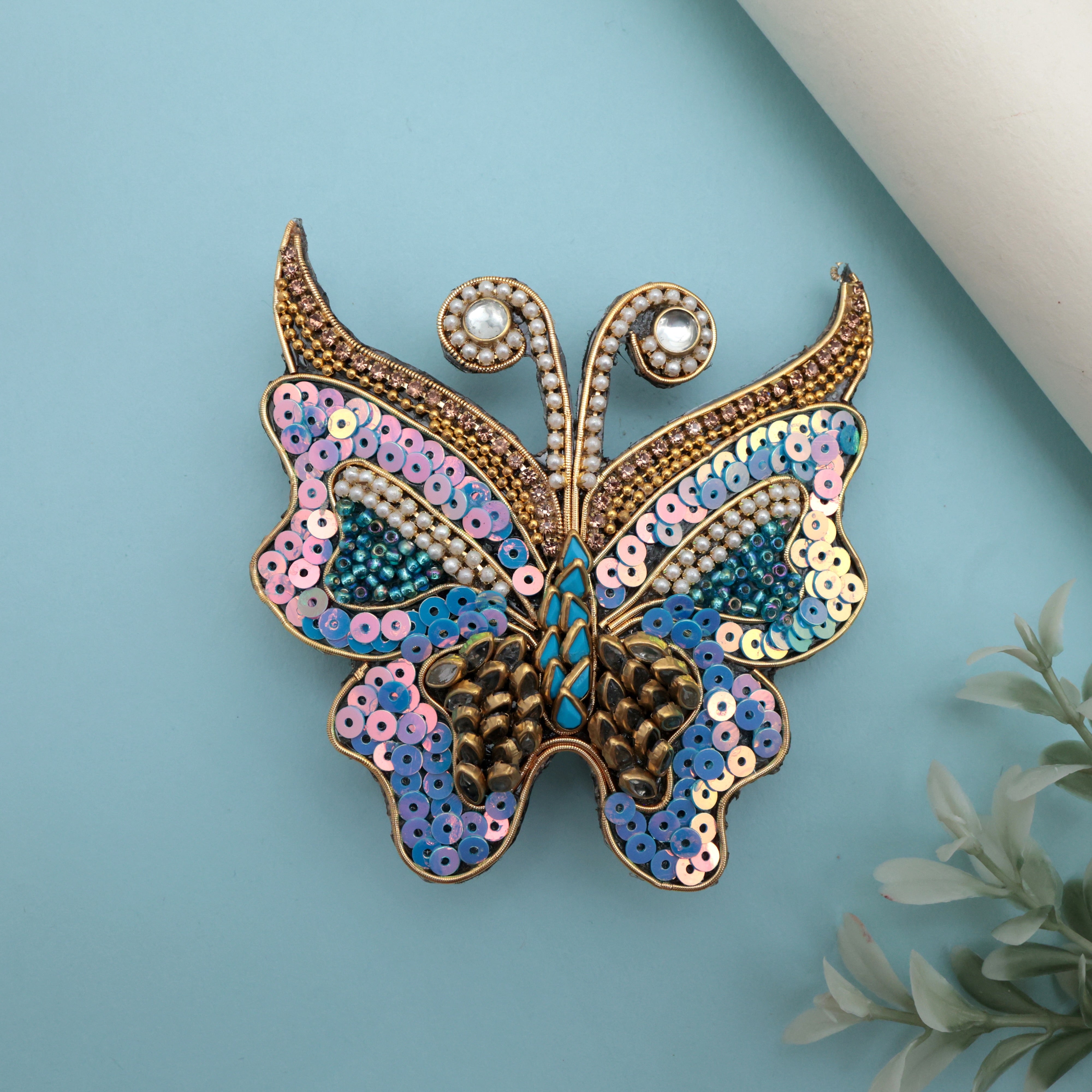 HANDMADE SEQUINS KUNDAN BUTTERFLY HAIR CLIP - BLUE - FRENCH BARRETTE HAIR CLIPS FOR WOMEN