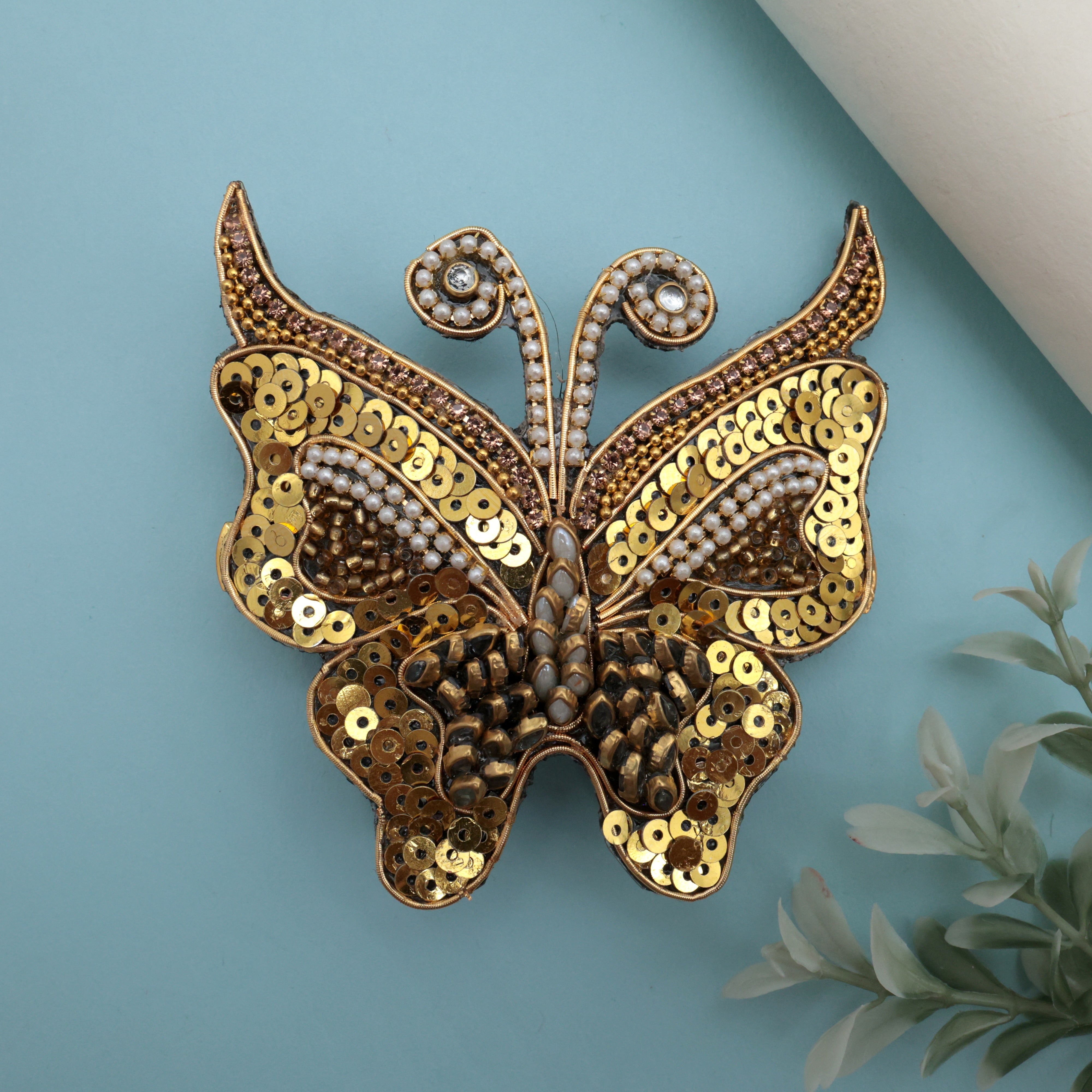 HANDMADE SEQUINS KUNDAN BUTTERFLY HAIR CLIP - GOLD - FRENCH BARRETTE HAIR CLIPS FOR WOMEN