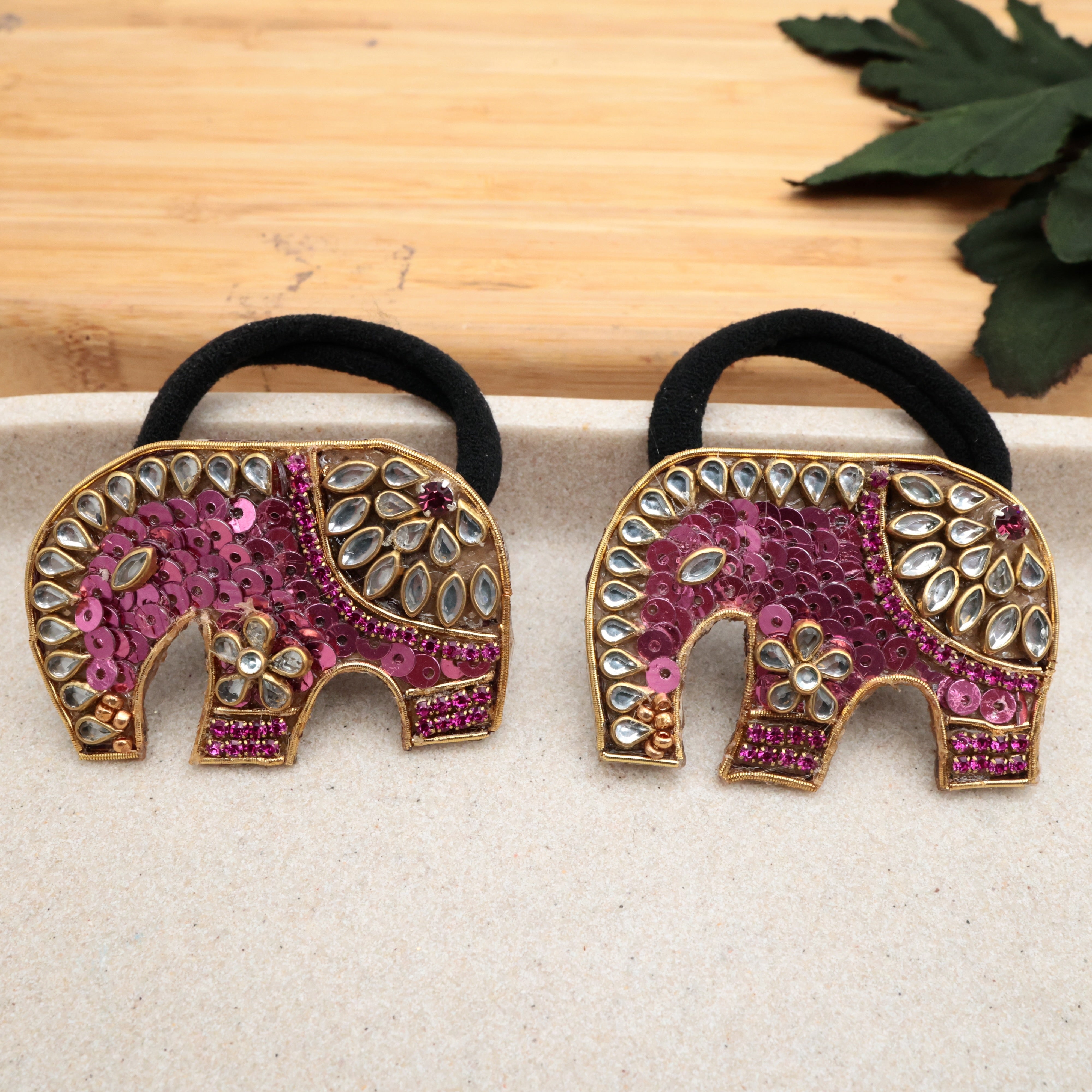 HANDMADE SEQUINS KUNDAN ELEPHANT HAIR BANDS (A PAIR) - pink - HAIR TIES FOR WOMEN & KIDS