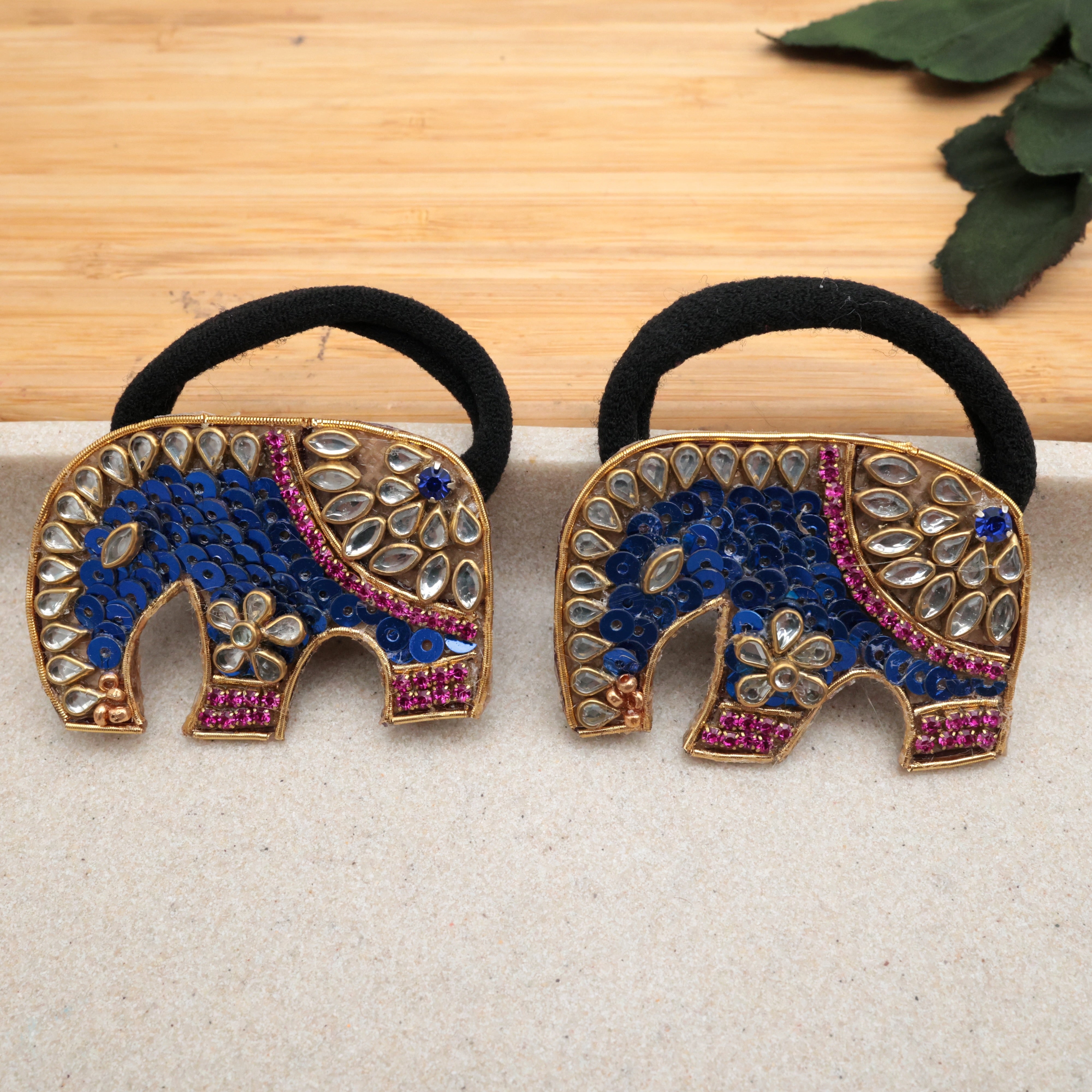 HANDMADE SEQUINS KUNDAN ELEPHANT HAIR BANDS (A PAIR) - DARK BLUE - HAIR TIES FOR WOMEN & KIDS