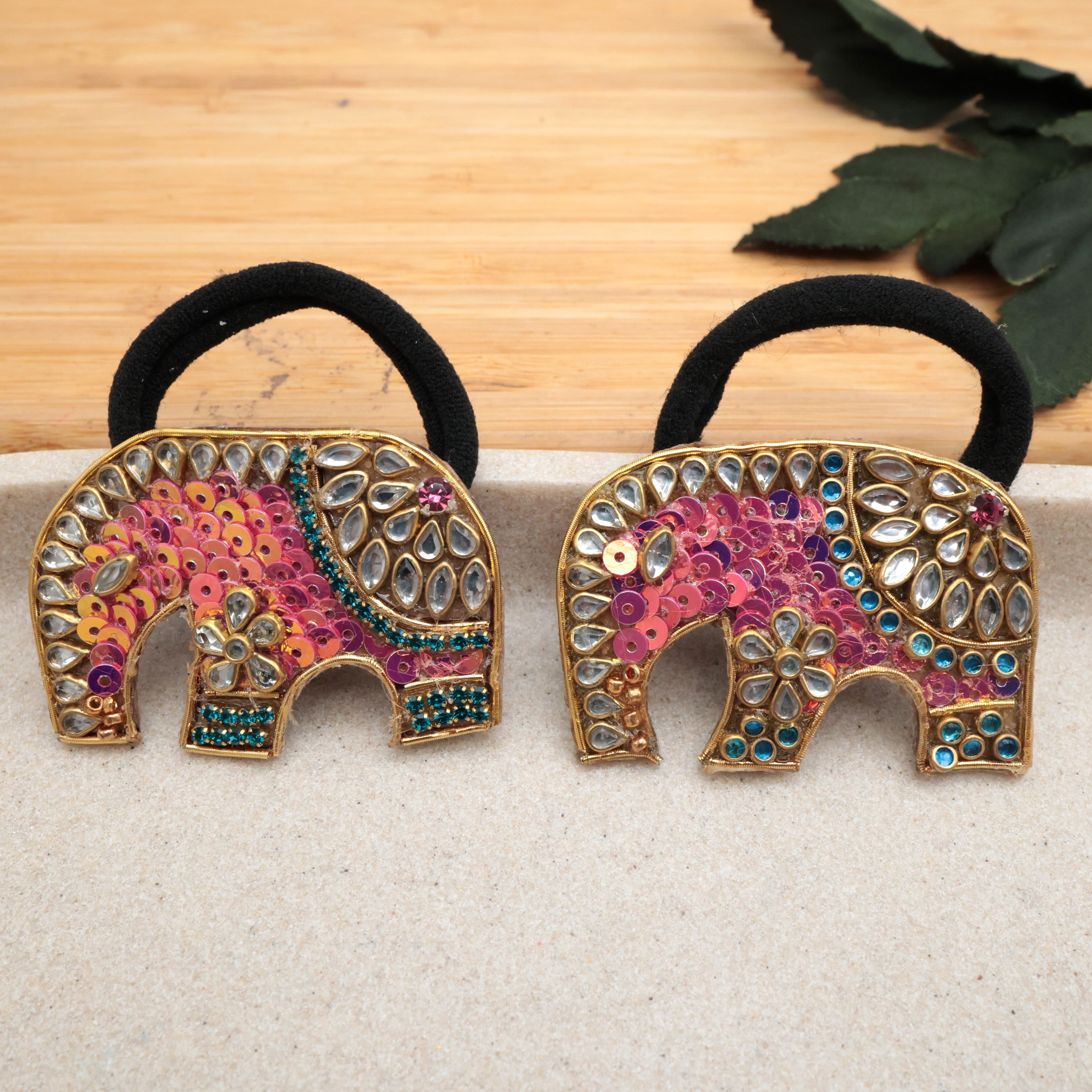 HANDMADE SEQUINS KUNDAN ELEPHANT HAIR BANDS (A PAIR) - PEACH - HAIR TIES FOR WOMEN & KIDS