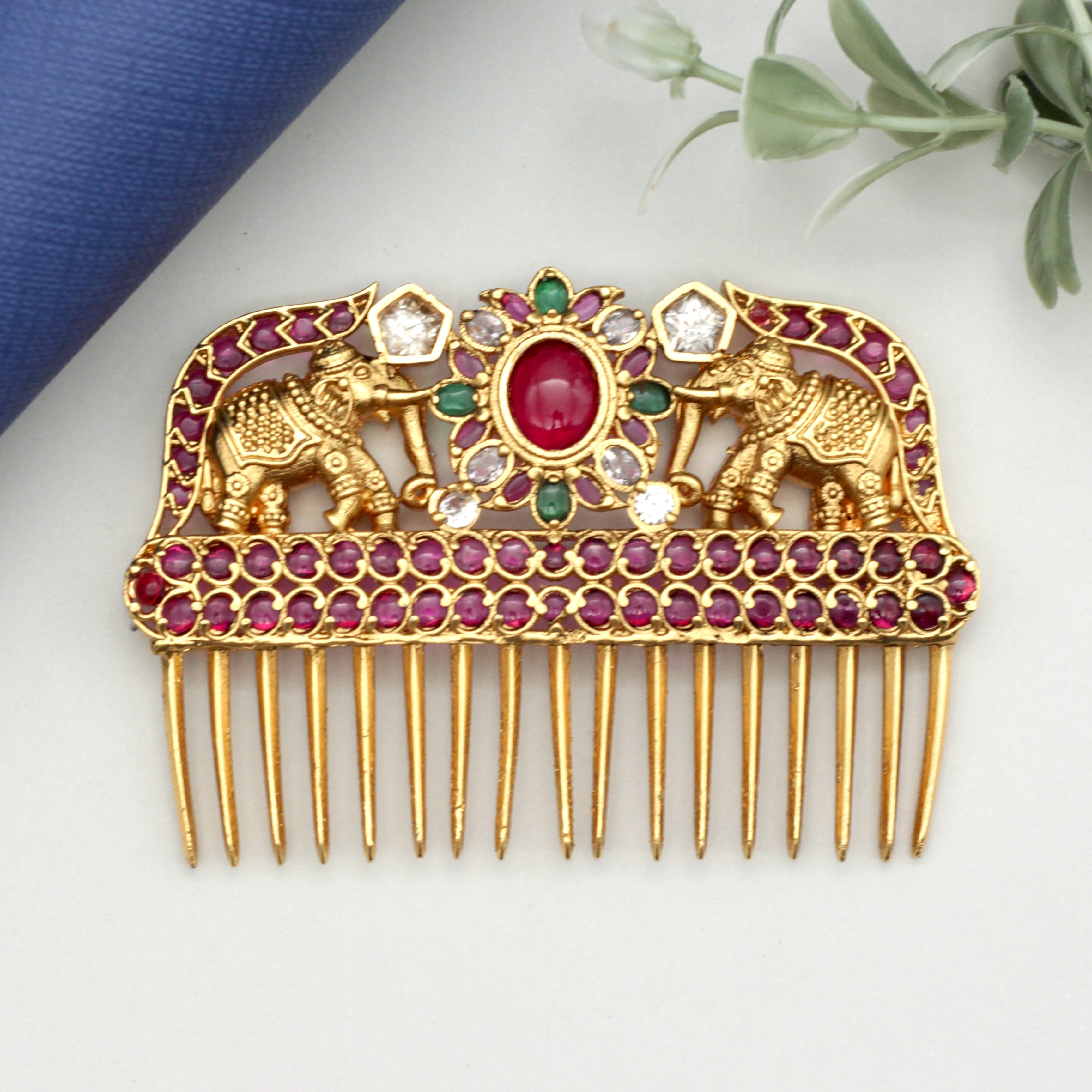 Premium Kundan Kemp Elephants Chudamani Comb Hair Pin