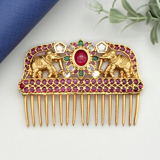 Premium Kundan Kemp Elephants Chudamani Comb Hair Pin