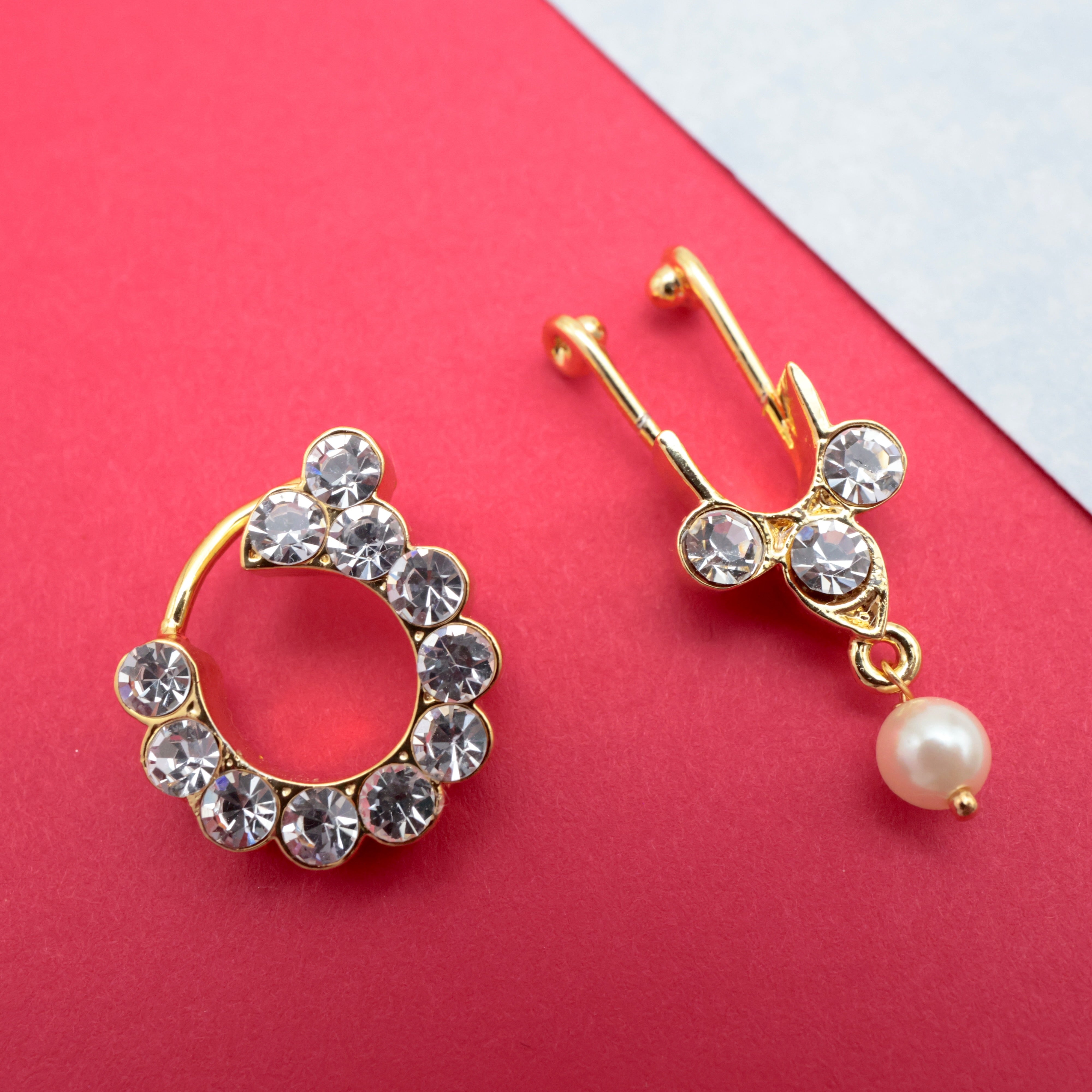 PREMIUM REAL KEMP GOLD TONE NATH BULLAKU SET (WHITE) - TRADITIONAL NON-PIERCING NOSE PINS