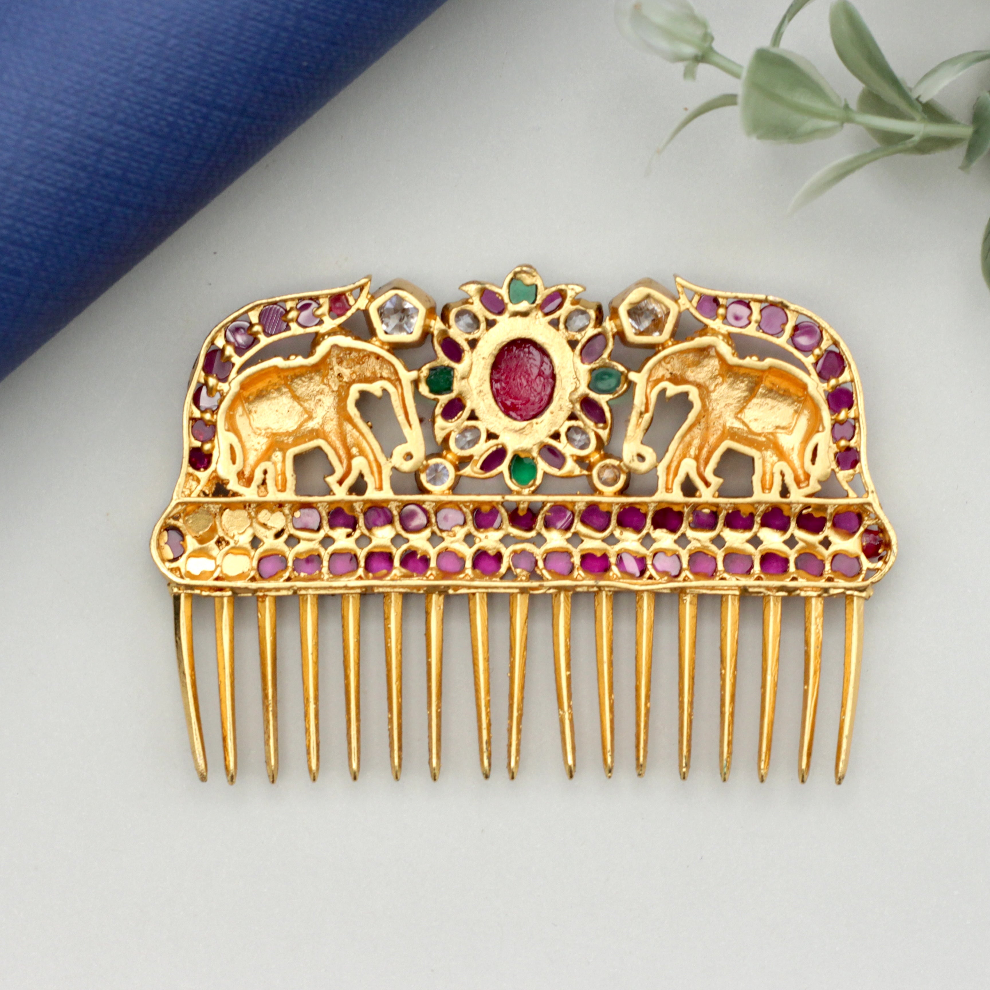 Premium Kundan Kemp Elephants Chudamani Comb Hair Pin