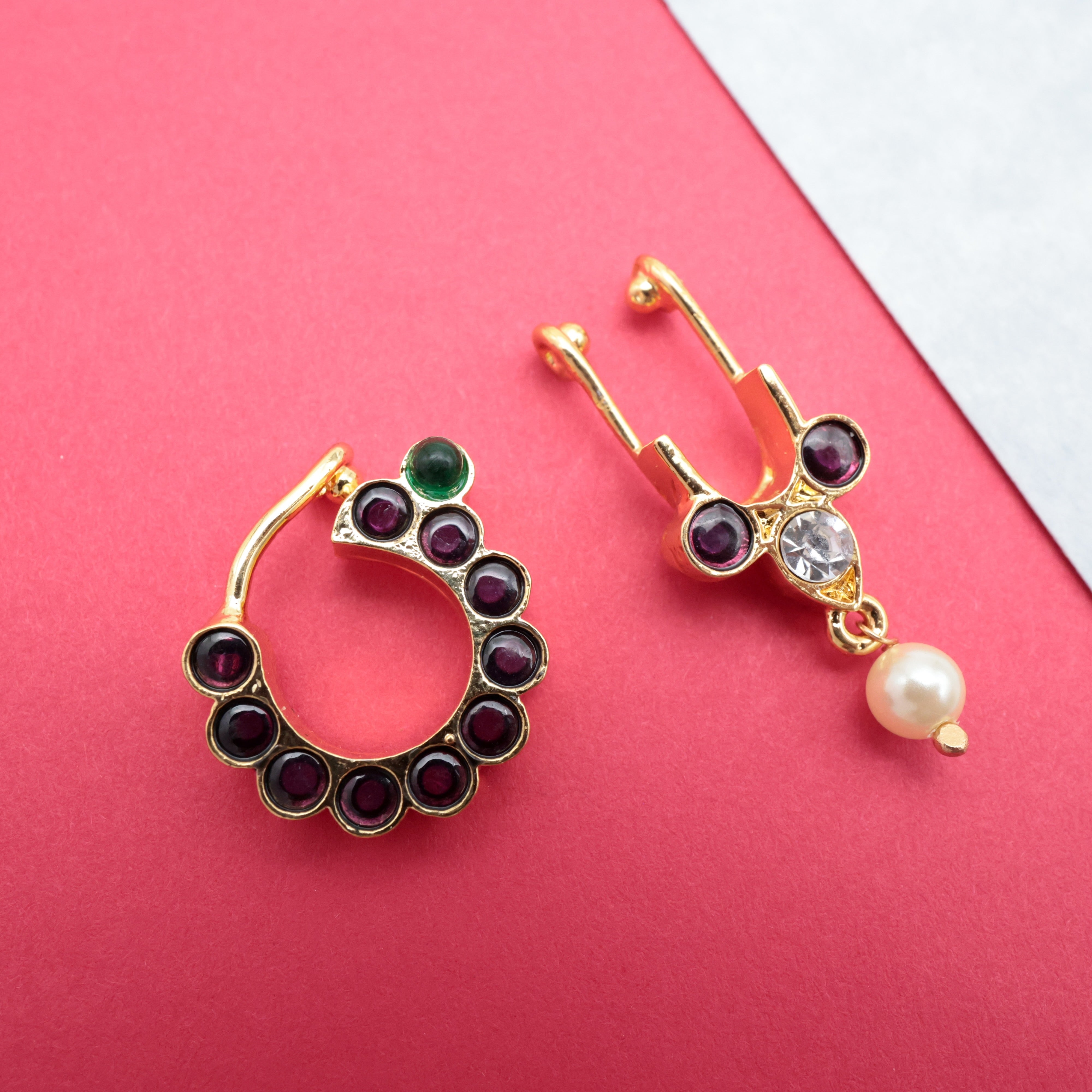 PREMIUM REAL KEMP GOLD TONE NATH BULLAKU SET - TRADITIONAL NON-PIERCING NOSE PINS