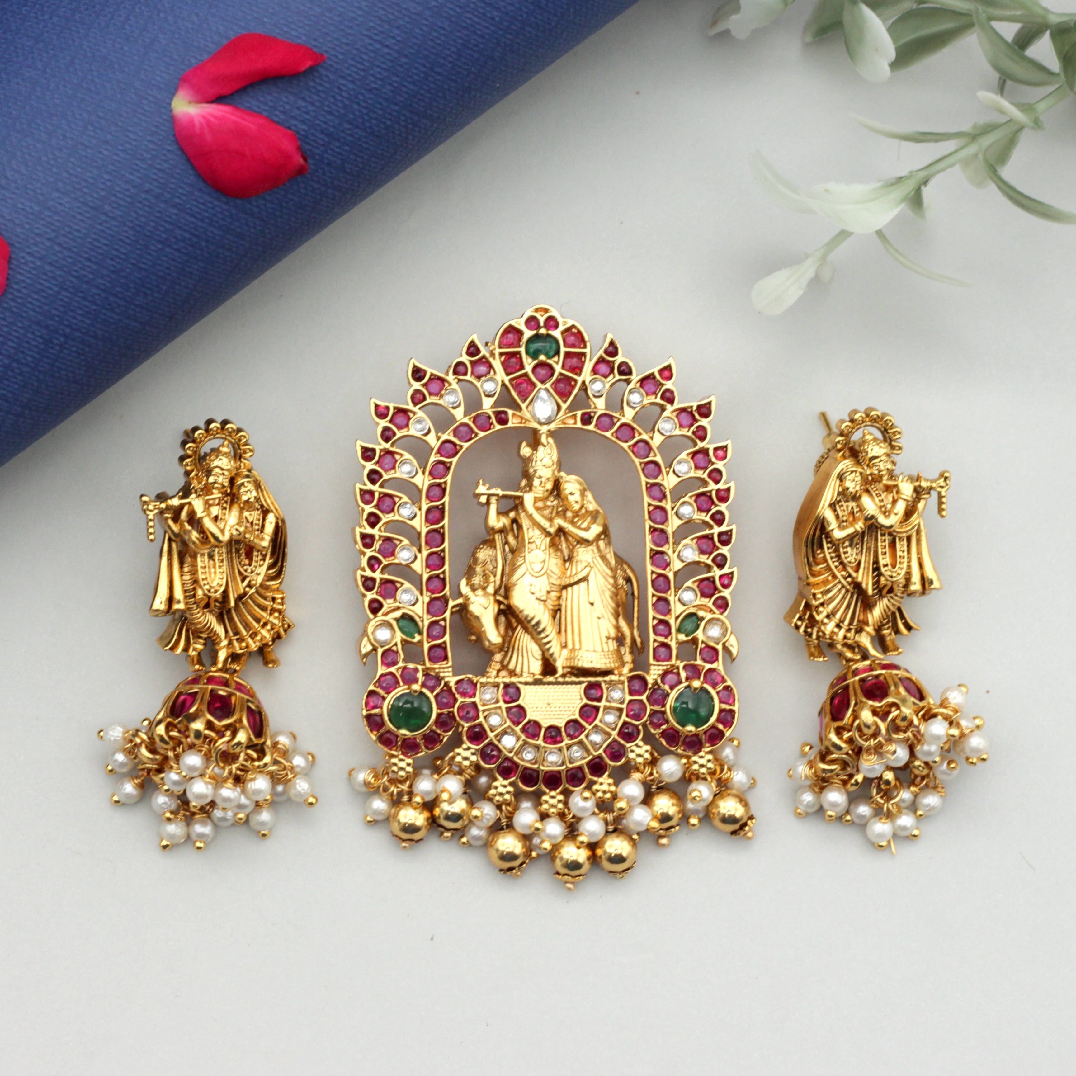 Detachable Premium Kemp Kundan Radhe Krishna Divine Pendant with Earrings