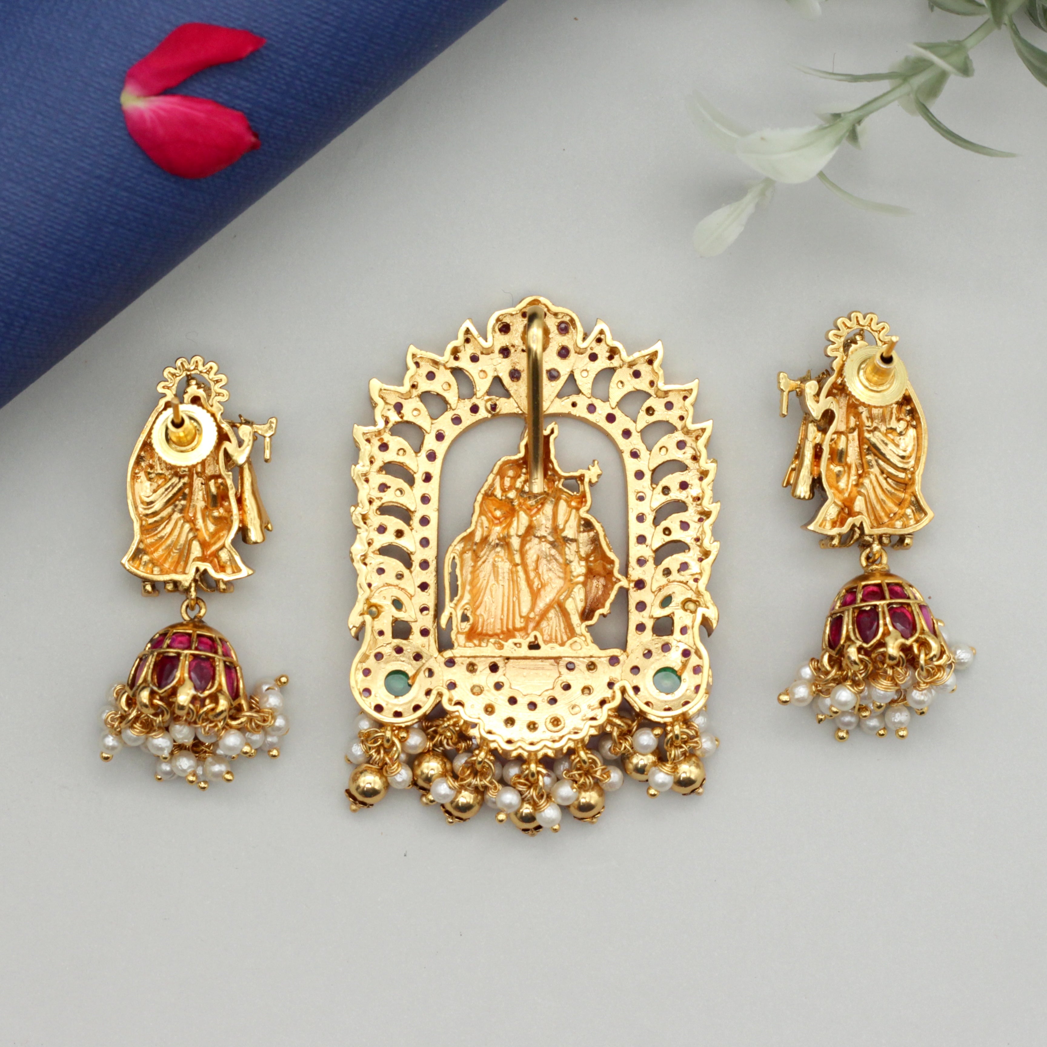 Detachable Premium Kemp Kundan Radhe Krishna Divine Pendant with Earrings