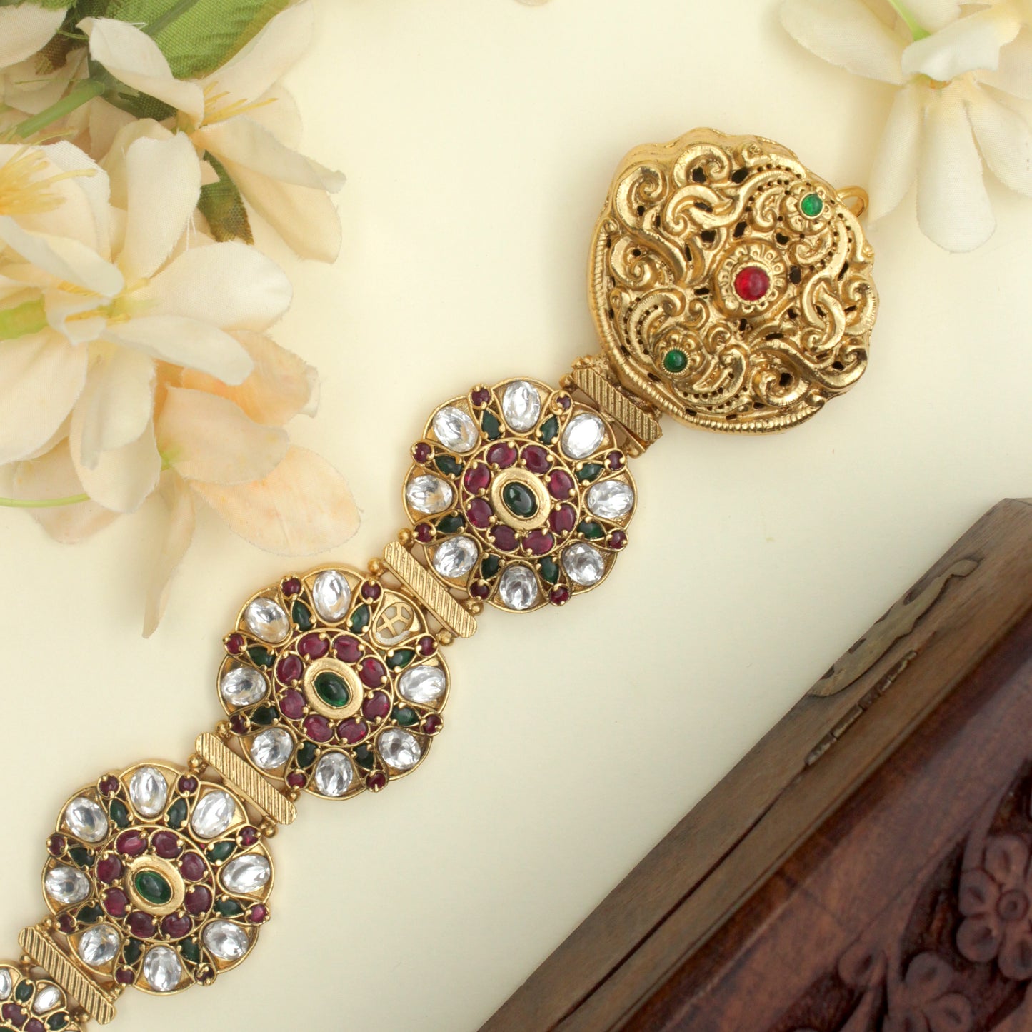 Premium Gold Look Kundan Kemp Nagas Flower Bridal Choti Jada