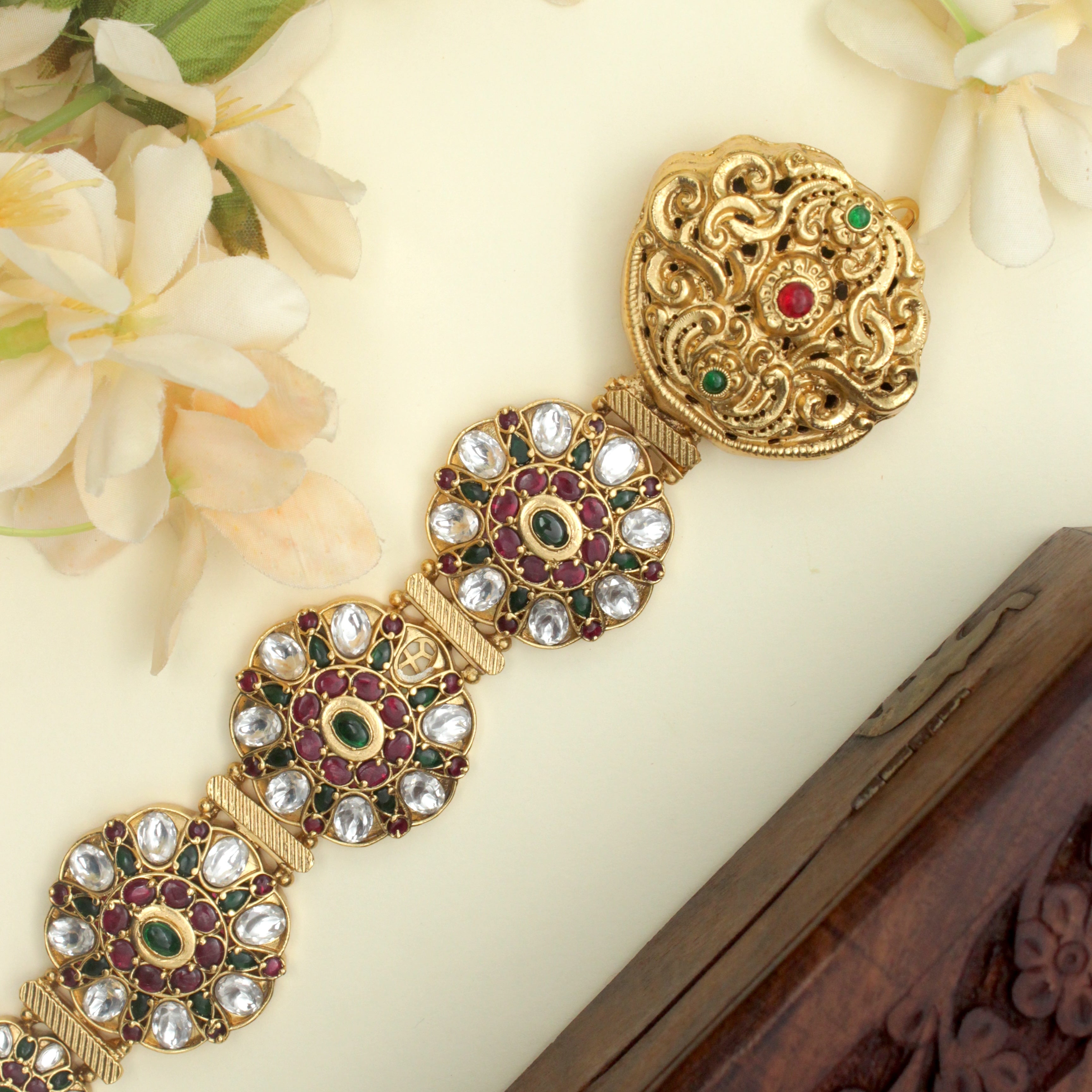 Premium Gold Look Kundan Kemp Nagas Flower Bridal Choti Jada