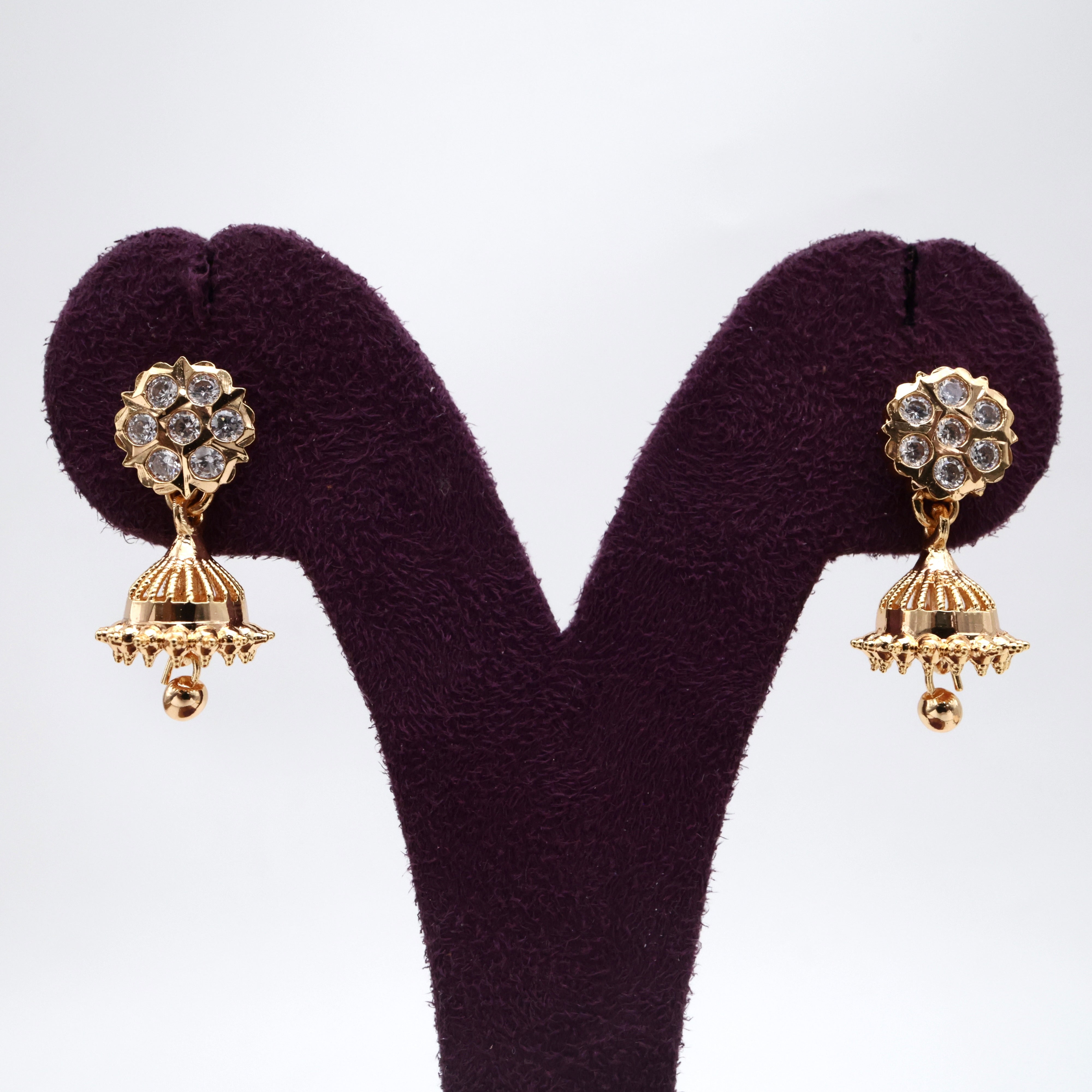 Real Gold Toned Micro Gold Polished Seven Stone Thodu Small Jhumkas - White