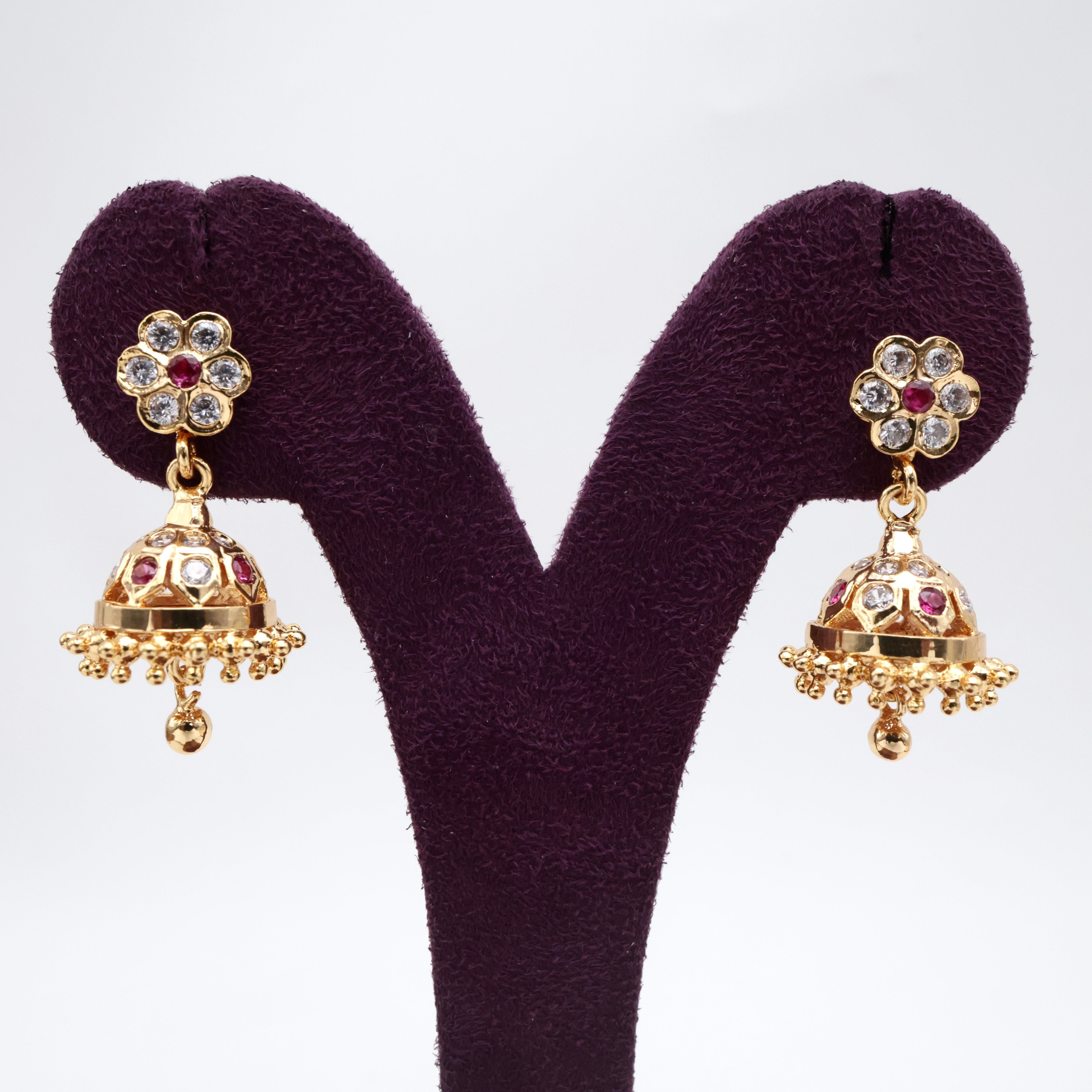 Small Kallu Thodu Micro Gold Polished Small Jhumkas - Red & White