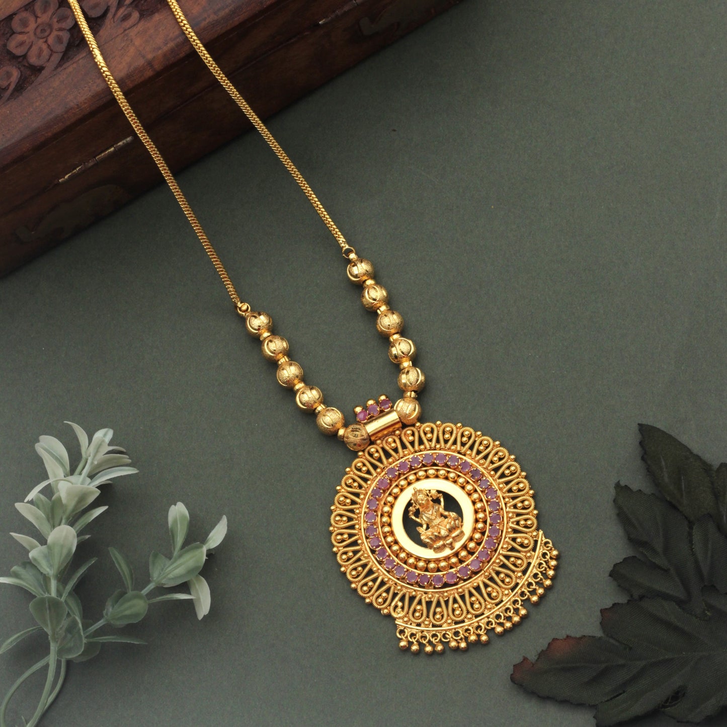 Real Gold Tone Traditional Kerala AD Lakshmi Pendant Balls Chain