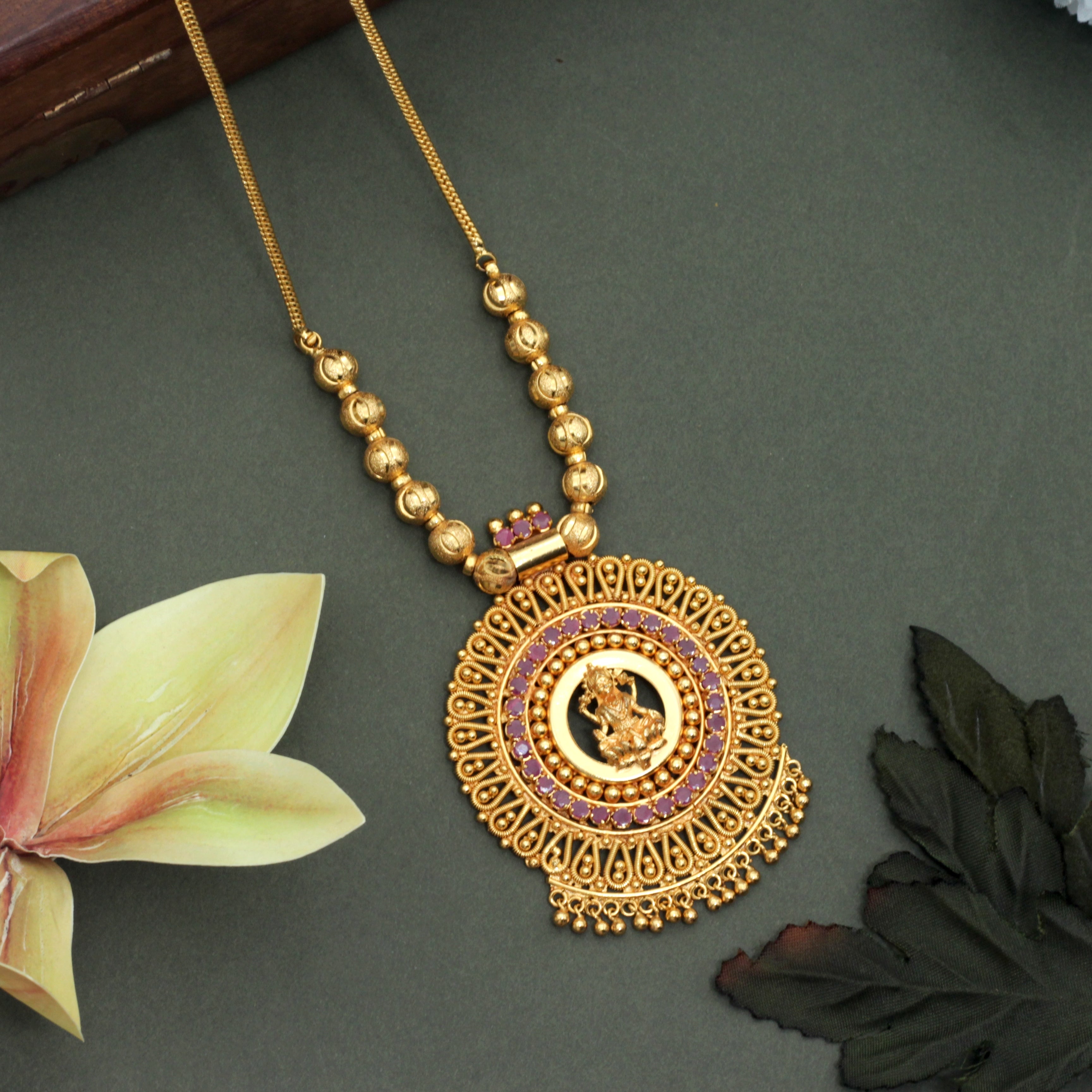 Real Gold Tone Traditional Kerala AD Lakshmi Pendant Balls Chain