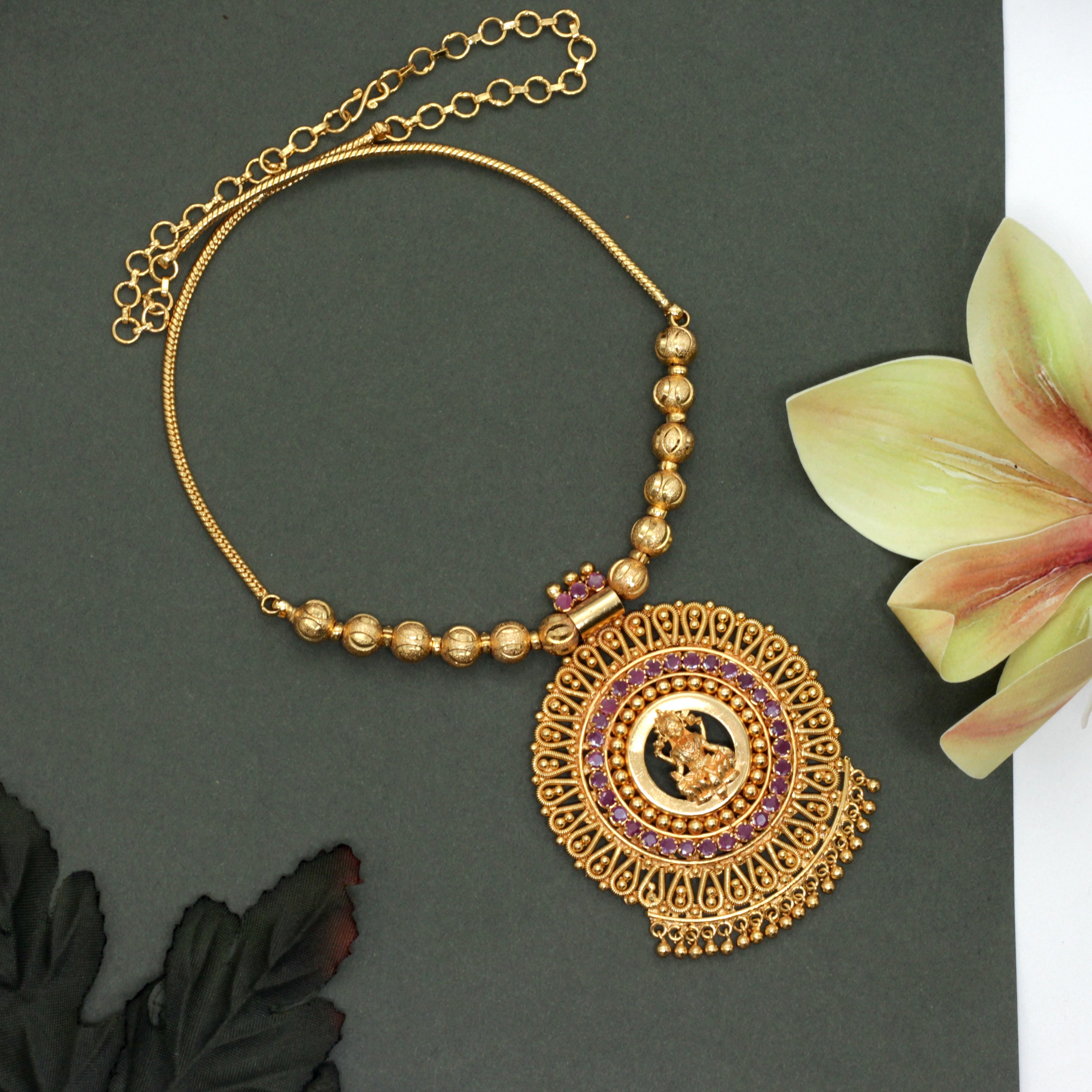 Real Gold Tone Traditional Kerala AD Lakshmi Pendant Balls Chain