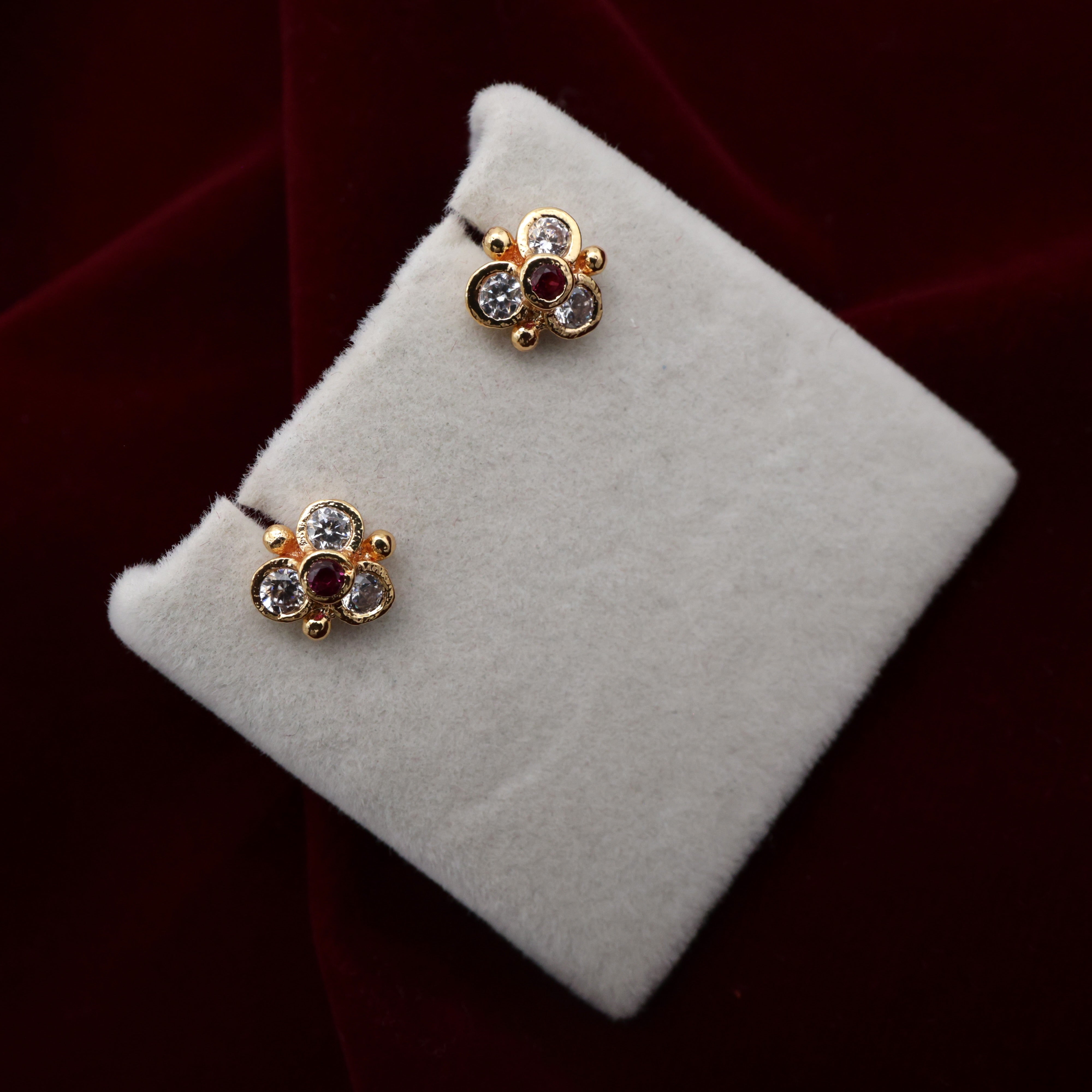 Small 4 Stone Petal Micro Gold Polished Studs Earrings - White & Ruby