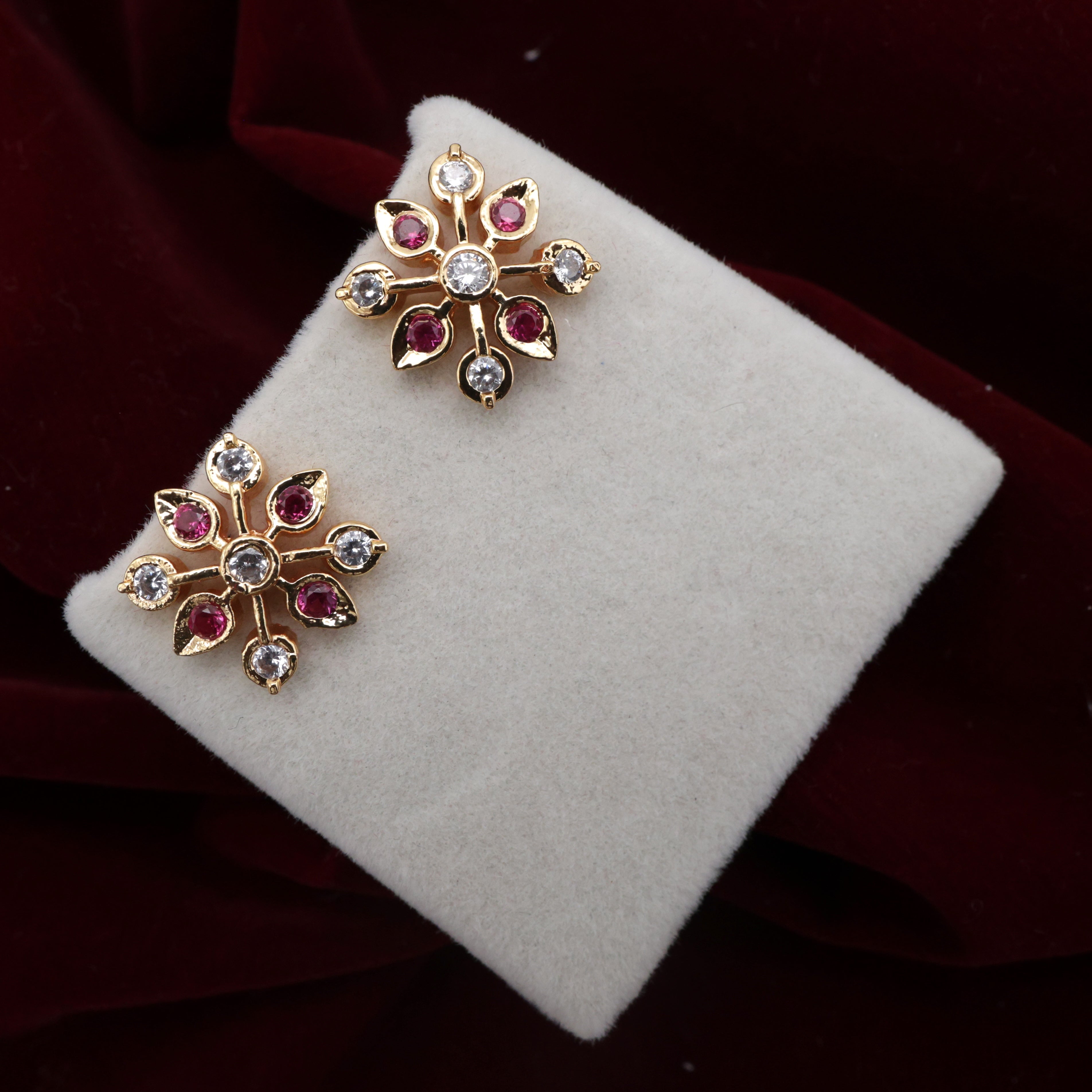 Diamond Look Micro Gold Polished Nine Stone Studs - White & Ruby